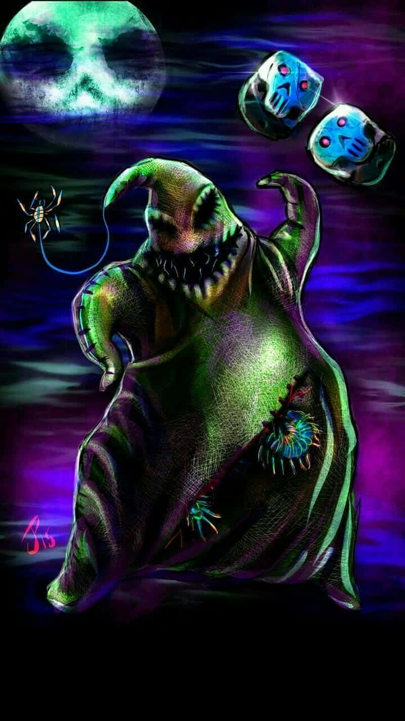 Nightmare Before Christmas Phone 桌布 壁紙 — 一個怪異的綠色縫合怪物，咧嘴大笑，漂浮的骷髏骰子在發光的骷髏月亮下跳舞。