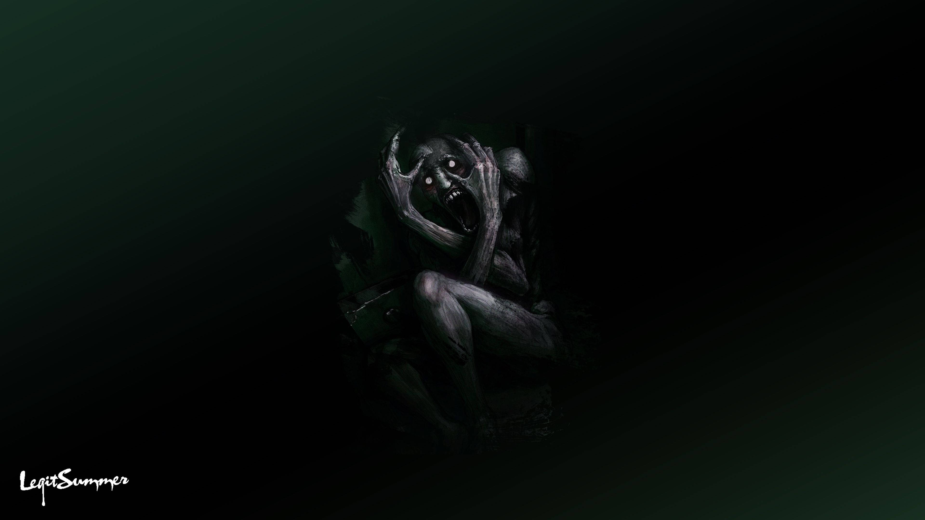 SCP 桌布 壁紙 — 一個怪異的蒼白生物，眼睛發光，手爪如鉤，蹲在深綠色的虛空中，恐懼地尖叫。