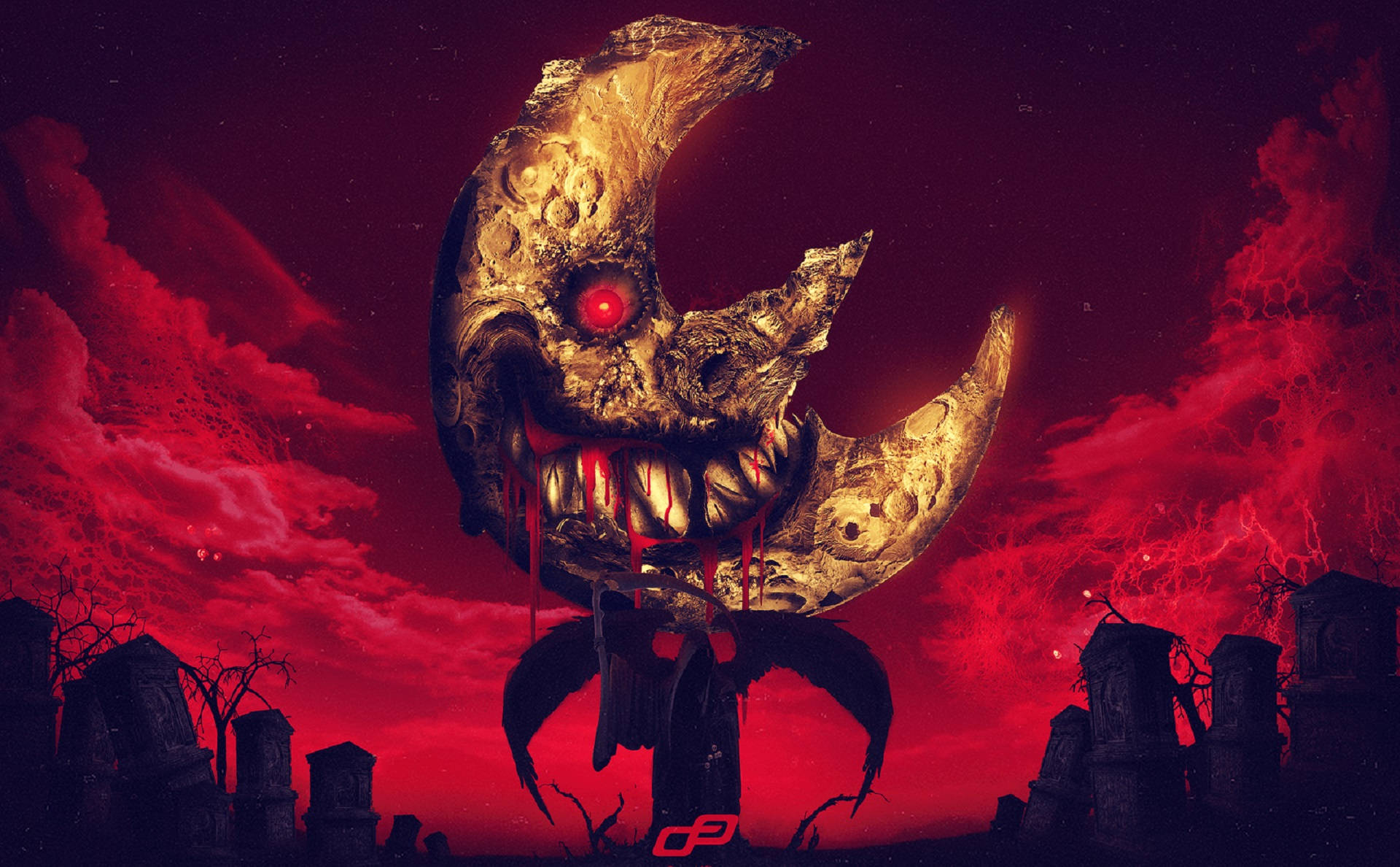 soul eater moon 桌布 壁紙 — 一個怪異的金色新月，帶有發光的紅眼睛和滴落的血，籠罩在血紅色的天空下的墓地之上。