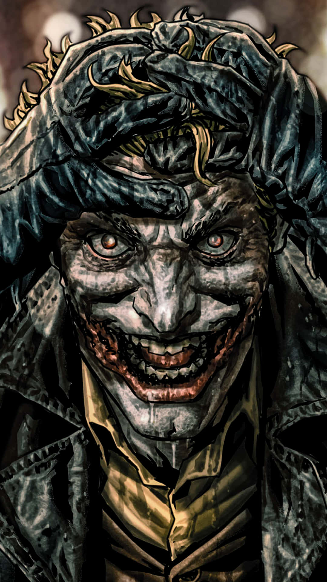 Batman Damned 桌布 壁紙 — 一個怪誕、咧嘴奸笑的惡棍，皮膚腐爛，利爪般的手抓著自己的頭，呈現於黑暗、有紋理的插圖中。