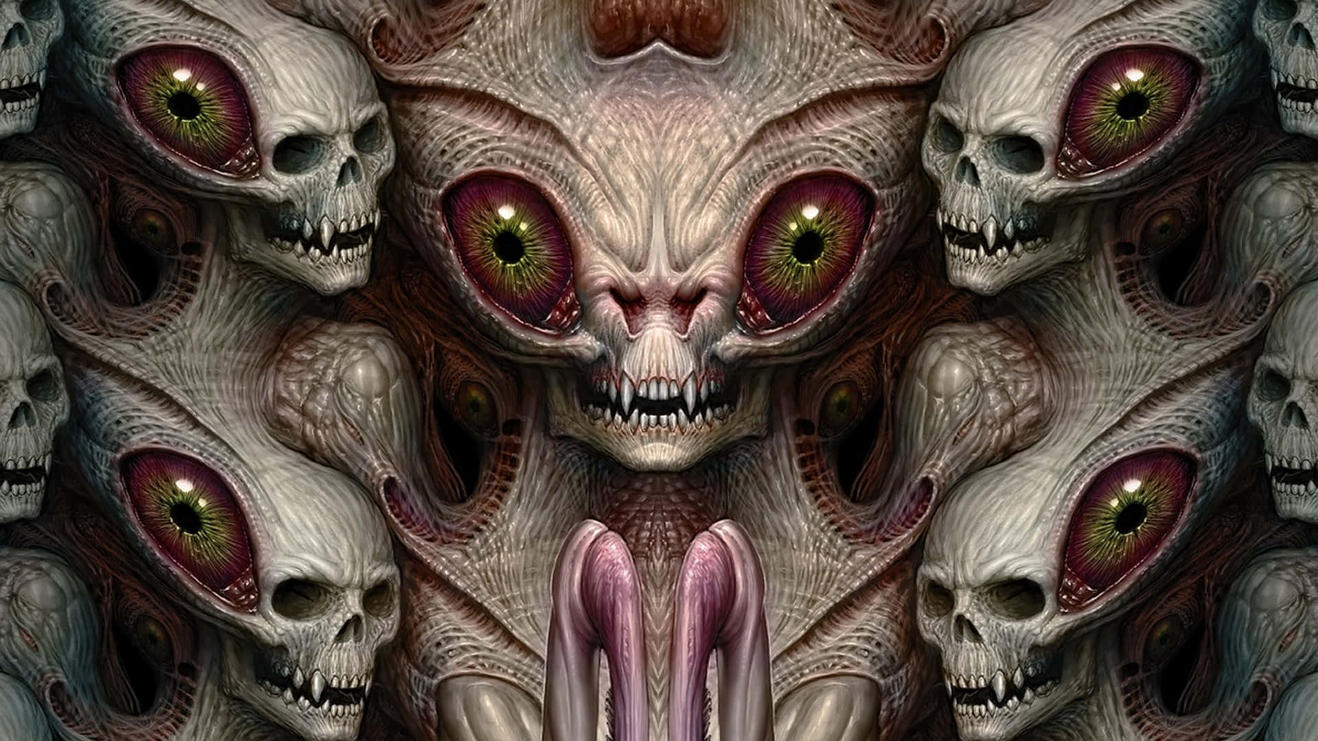 Spooky Art 桌布 壁紙 — 一個怪誕、多眼的外星生物，帶有骷髏面孔和脈動的觸手，從旋轉的頭骨和肉塊中出現。