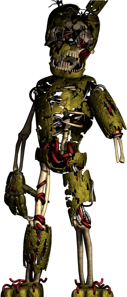 Springtrap 桌布 壁紙 — 一個怪誕、撕裂的電子動畫兔子，帶有外露的電線和紅色內臟，站在黑色背景前。