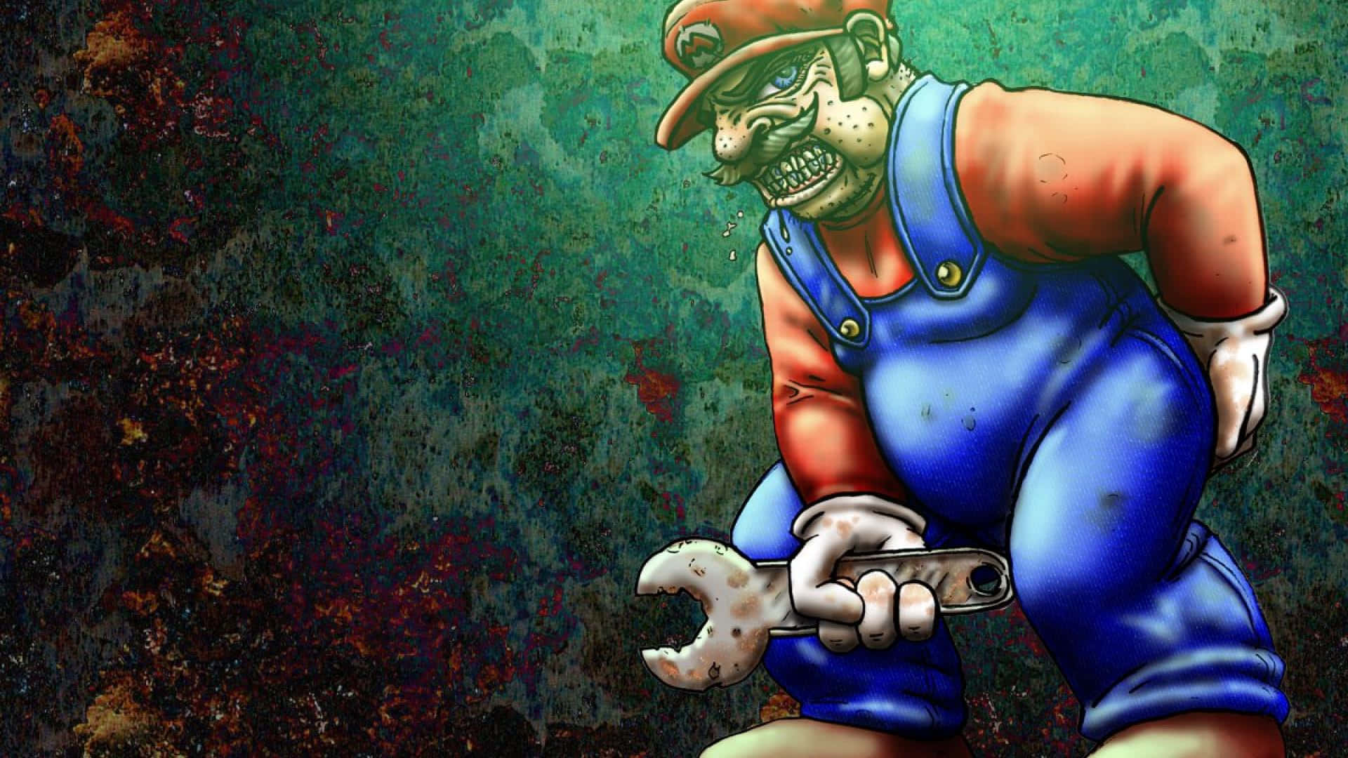 Alternative Art 桌布 壁紙 — 一個怪誕、肌肉發達的瑪利歐，帶著咧嘴笑的骷髏臉，在濺滿綠色和紅色的背景下揮舞著生鏽的扳手。