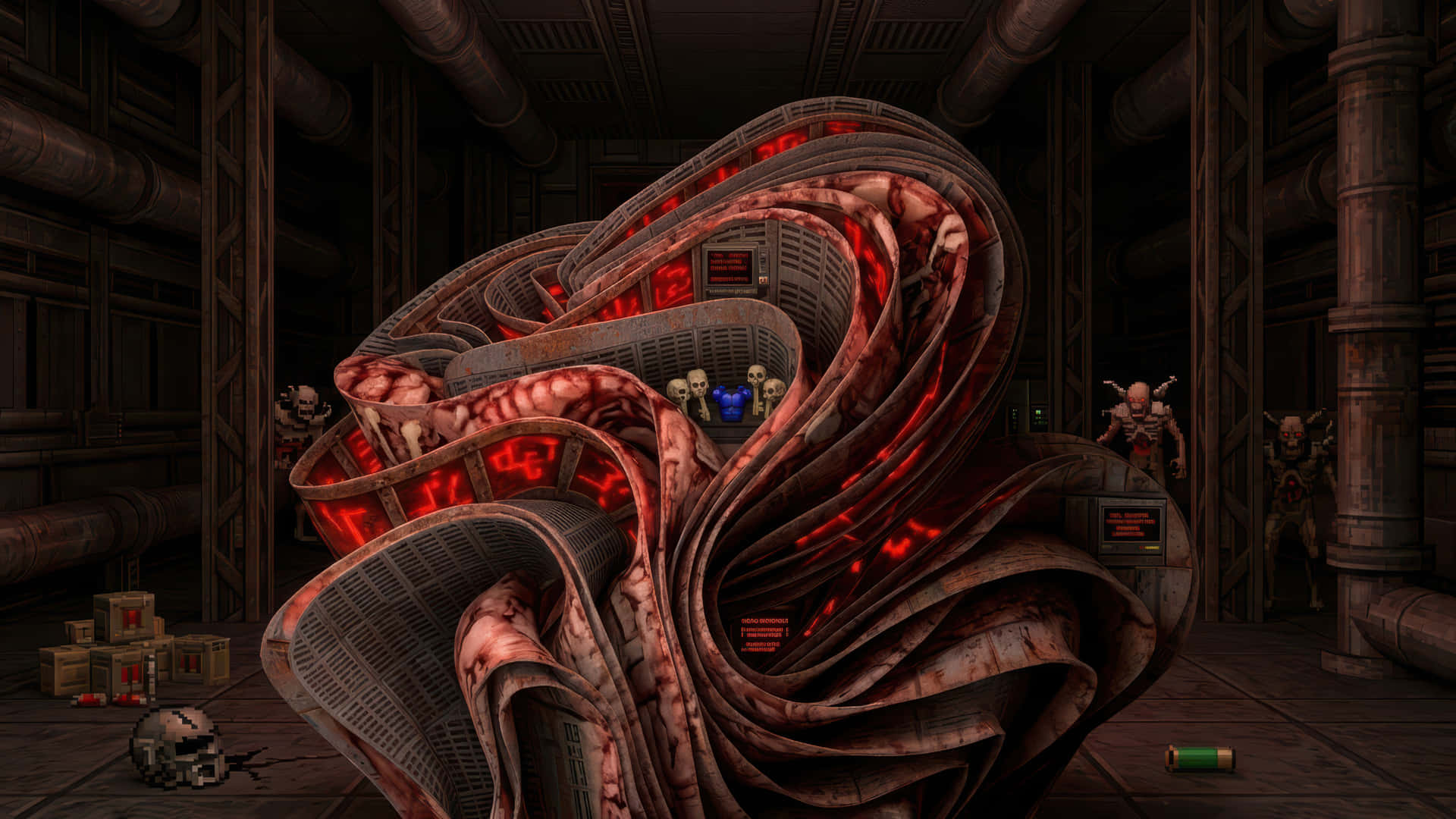 Doom 2 Bloom modded wallpaper for desktop Enhancement 壁紙 — 一個怪誕、脈動的有機結構，帶有發光的紅色靜脈，主宰著一個昏暗的工業房間，房間內佈滿管道和骷髏人物。