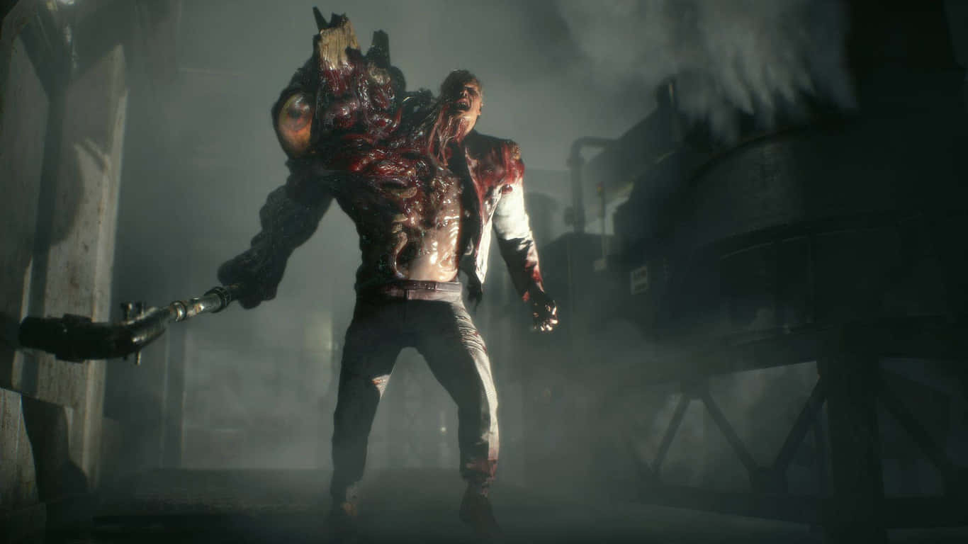 1366x768 Resident Evil 2 桌布 壁紙 — 一個怪誕、血淋淋的人形怪物，頭部融合，機械手臂，在煙霧瀰漫的工業廢墟中威嚇地站立。