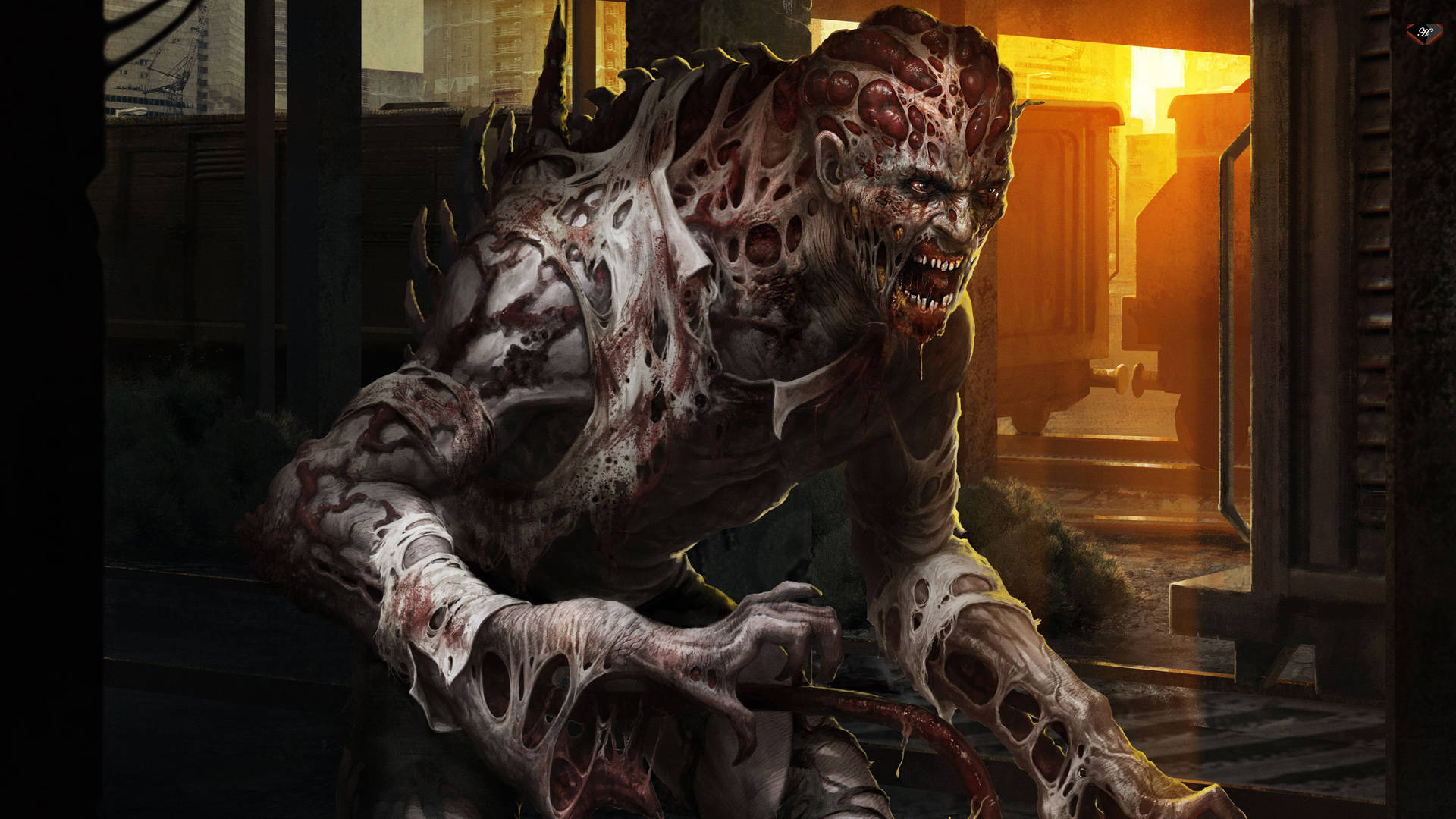 Dying Light 桌布 壁紙 — 一個怪誕、血肉融化、露出骨頭並滴血的殭屍，在日落時分蹲在光線昏暗的城市小巷中。