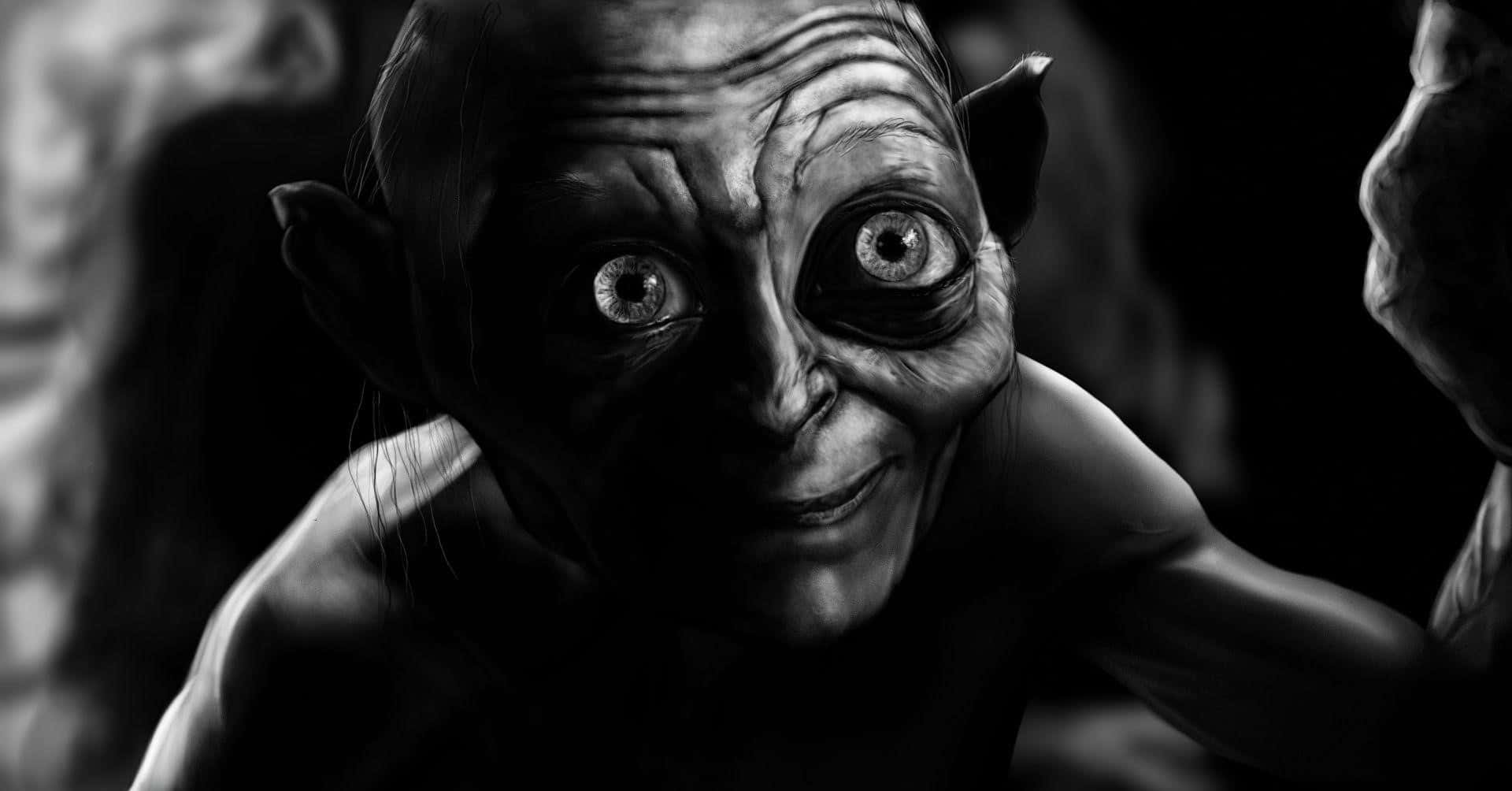 Gollum 桌布 壁紙 — 一個怪誕地精的近距離特寫，大眼睛和尖耳朵，高對比度黑白。