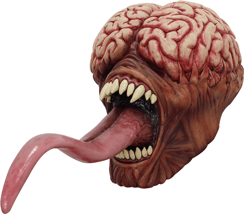 evil 桌布 壁紙 — 一個怪誕恐怖生物，頭部是大腦，長舌頭從張開的嘴中伸出。