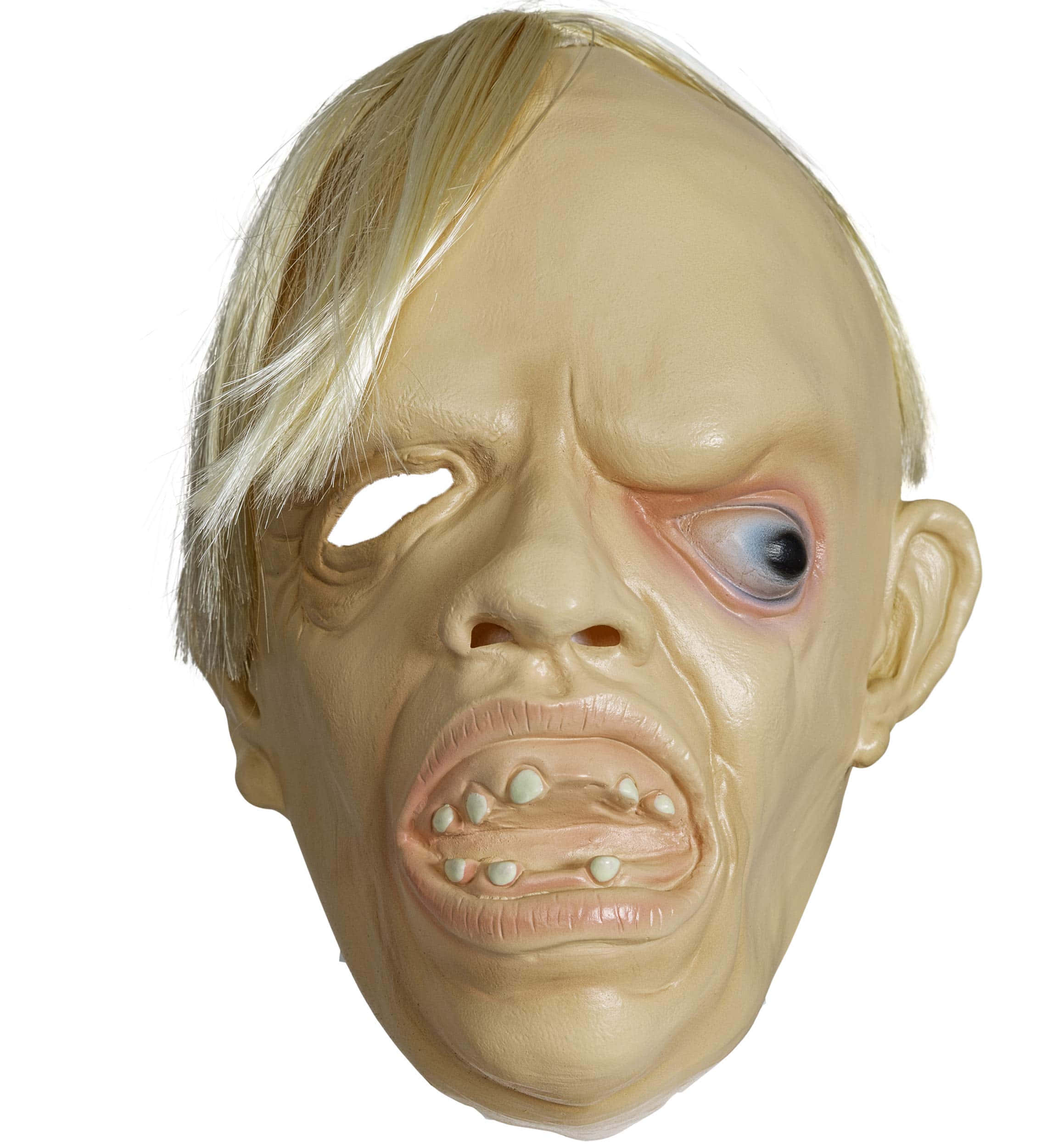 Mask 桌布 壁紙 — 一個怪誕的乳膠面具，缺少一隻眼睛，牙齒突出，背景為白色。