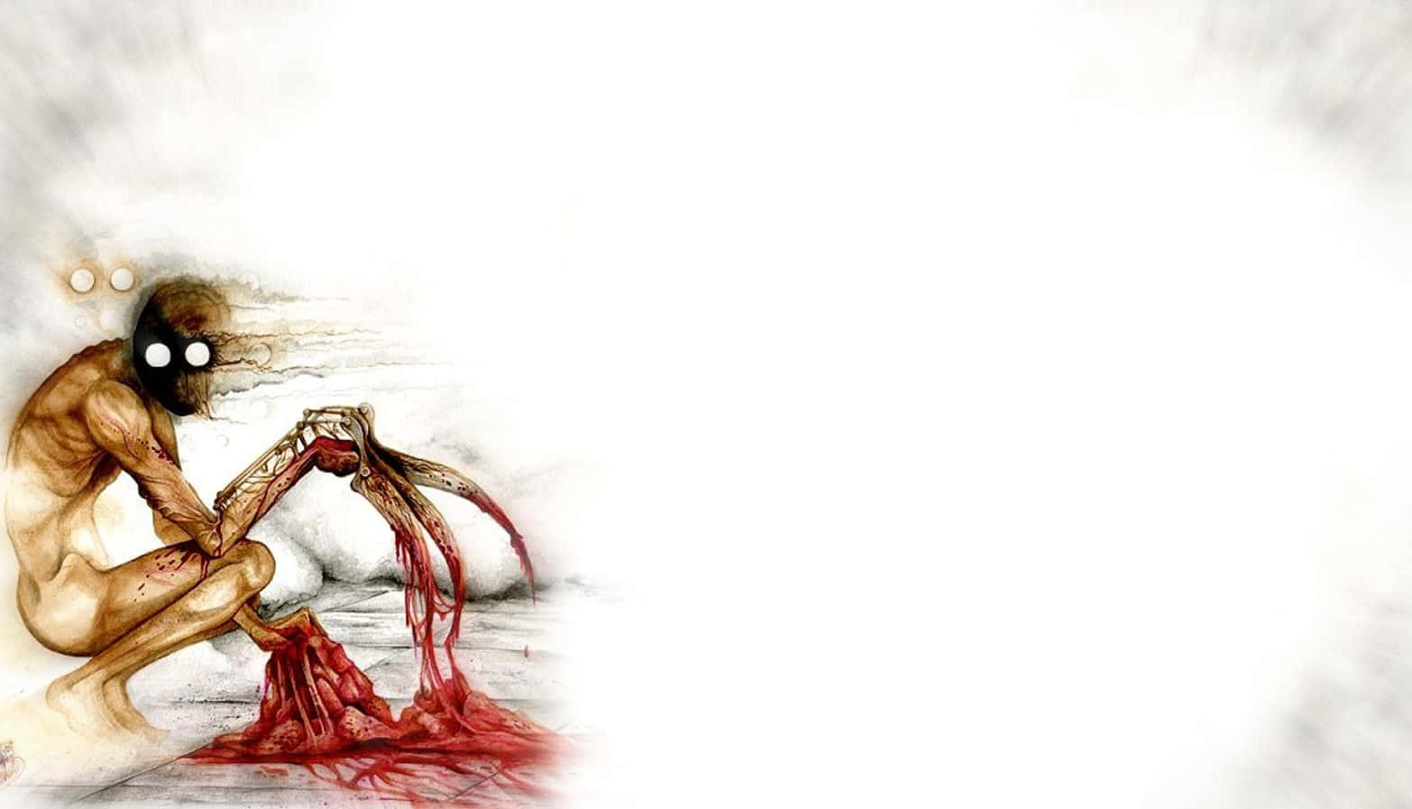 Creepypasta 桌布 壁紙 — 一個怪誕的人形生物，白色眼睛和利爪的手，在霧濛濛的白色背景下的雪地上滴血。