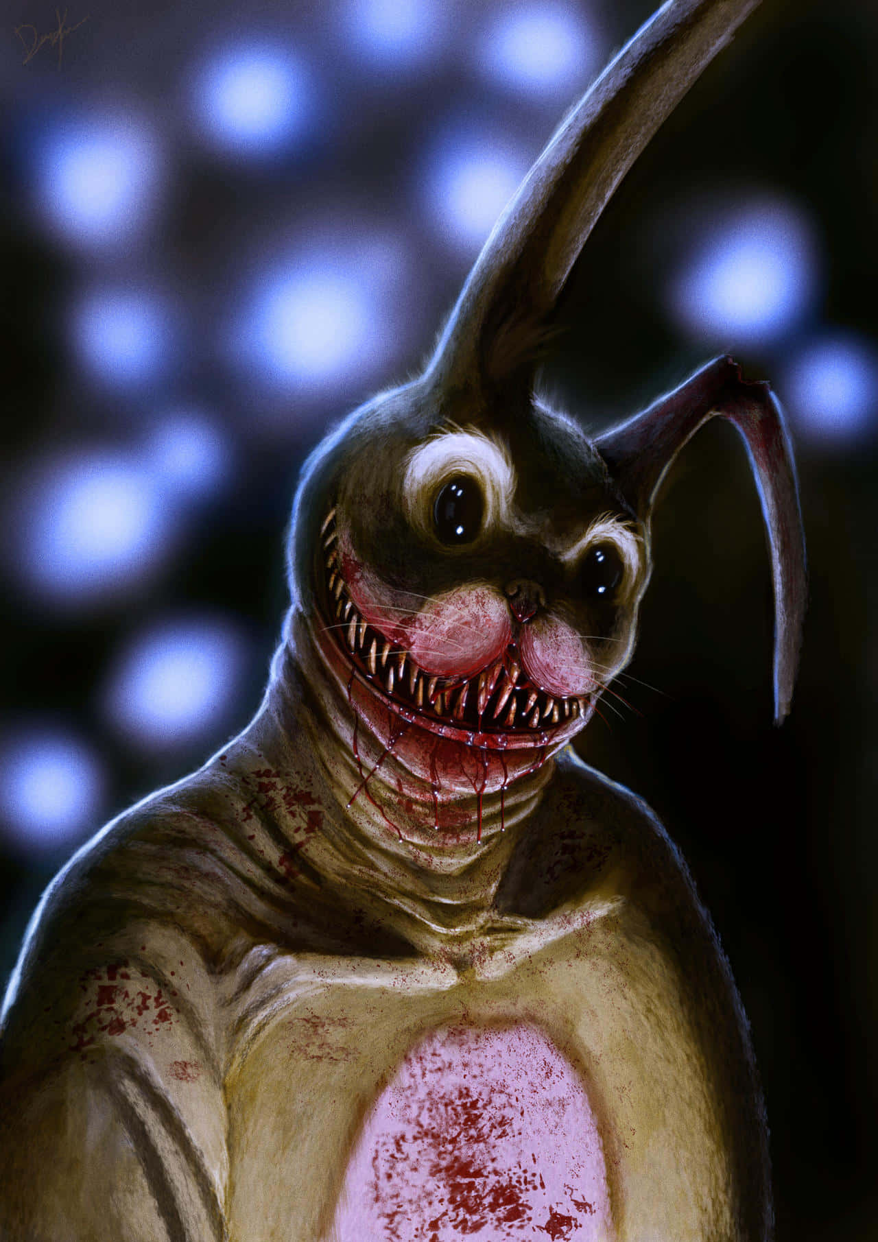 Creepy Easter Bunny 桌布 壁紙 — 一個怪誕的兔子生物，牙齒沾滿鮮血，粉紅色的肚子撕裂，在模糊的藍色燈光背景下威脅地凝視著。