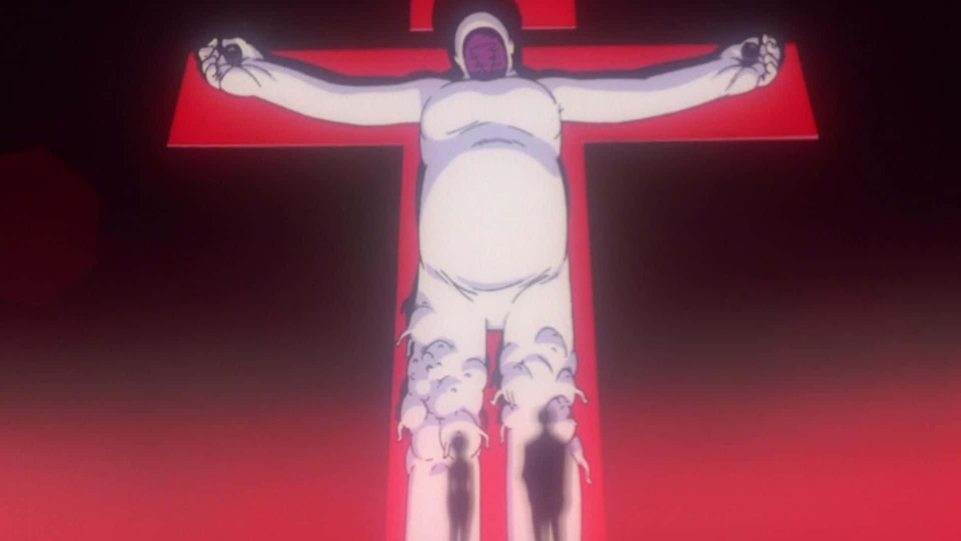 Adam Evangelion 桌布 壁紙 — 一個怪誕的動畫人物被釘在發光的紅色十字架上，背景為深紅色，下方有陰影人物。