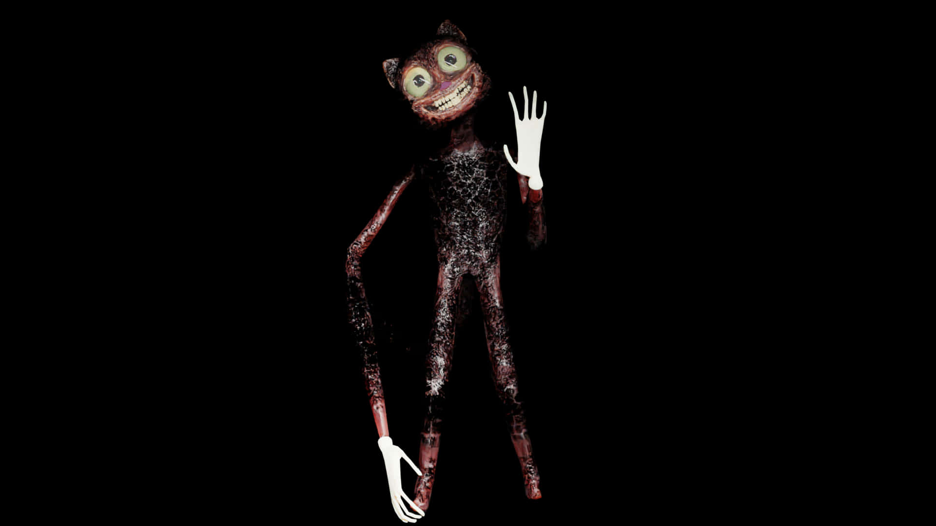 Cartoon Cat Scary 桌布 壁紙 — 一個怪誕的卡通生物，有大眼睛和咧嘴笑，在黑色背景上揮手。