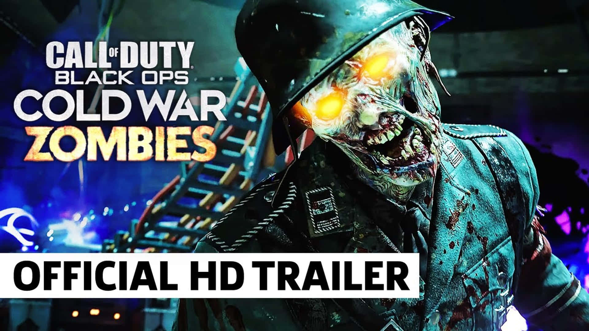 zombies 桌布 壁紙 — 一個怪誕的喪屍士兵，擁有發光的橙色眼睛和血跡斑斑的制服，在黑暗的工業環境中威脅性地逼近。