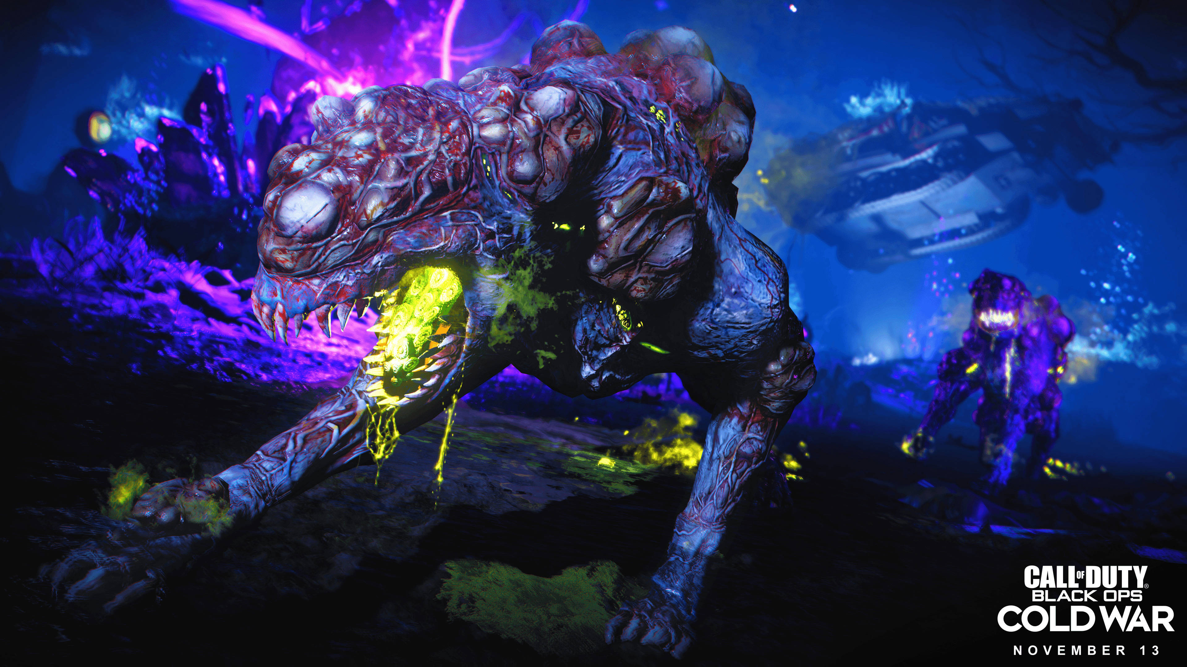 Cod 桌布 壁紙 — 一個怪誕的外星生物，有著發光的黃色嘴巴和紫色的生物機械觸手，在黑暗的科幻環境中猛撲過來。