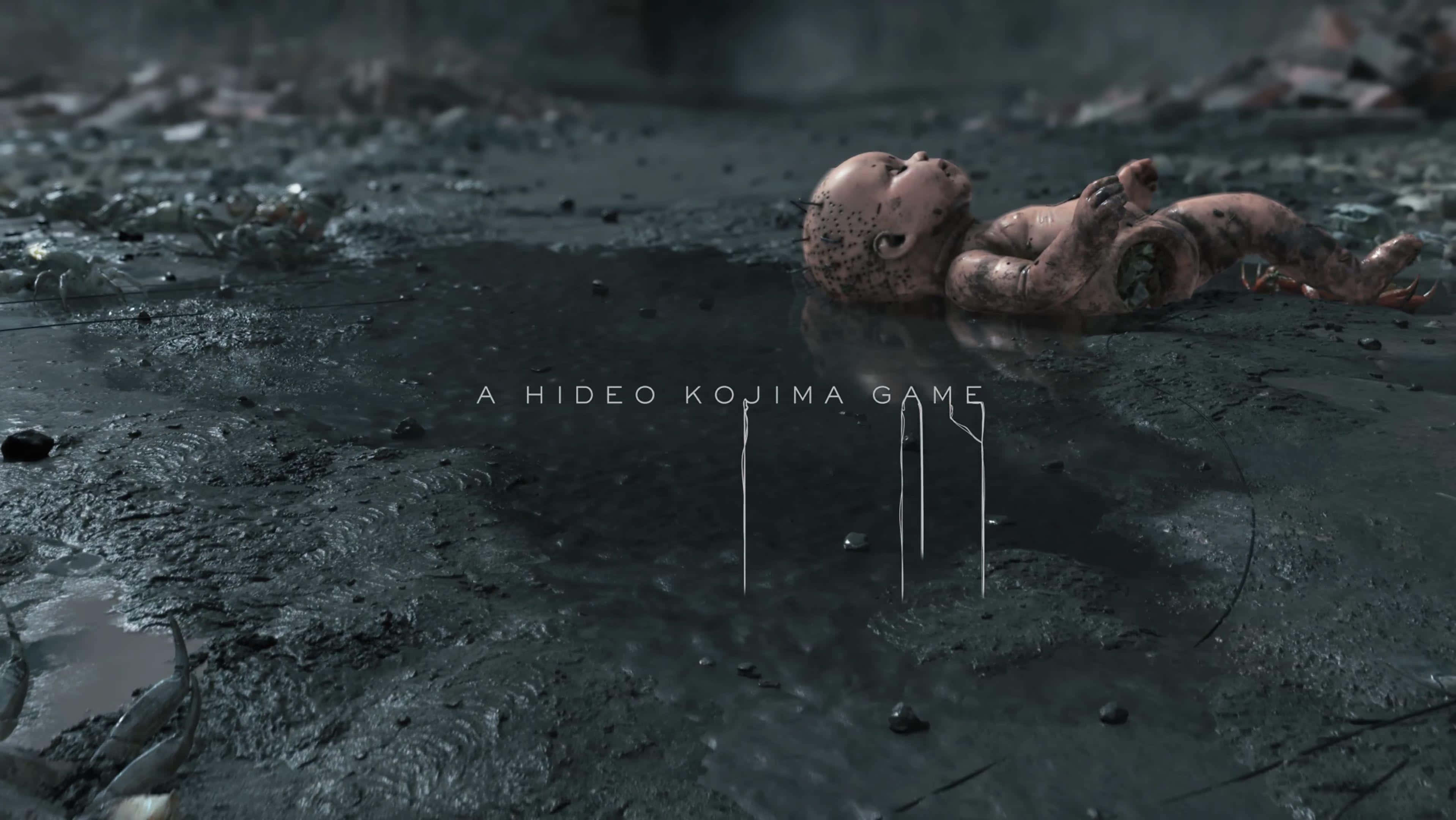 Death Stranding Pc 桌布 壁紙 — 一個怪誕的嬰兒娃娃躺在荒涼、雨水浸透的荒地的泥濘水坑中。