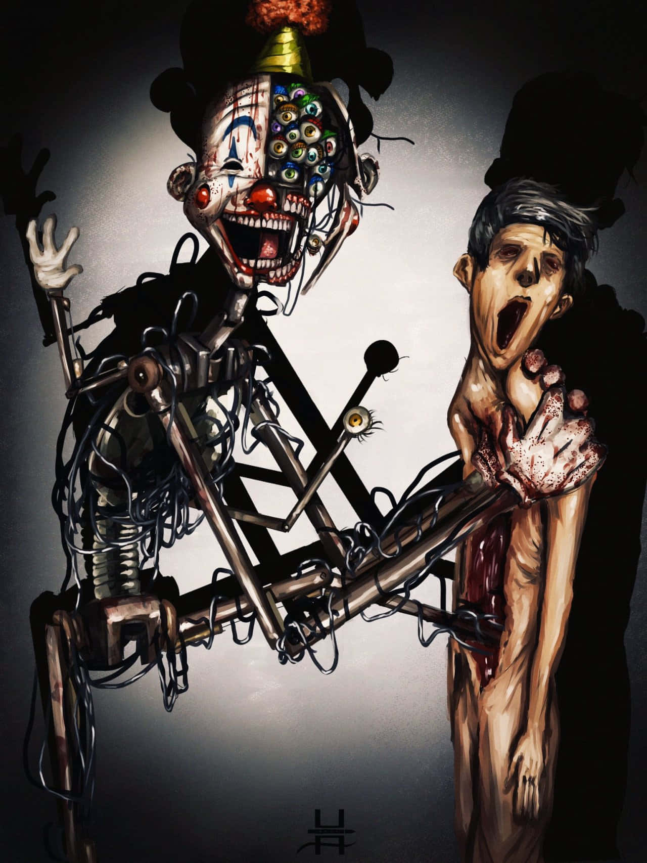 Creepy Fnaf 桌布 壁紙 — 一個怪誕的小丑木偶，露出電線和多隻眼睛，在黑暗恐怖主題的數位插圖中攻擊一個尖叫的人類形象。