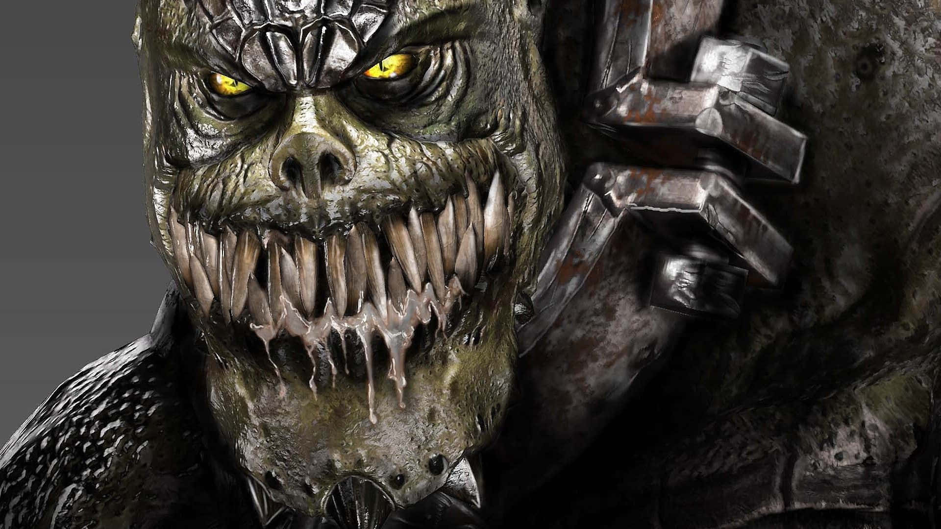 Killer Croc 桌布 壁紙 — 一個怪誕的怪物面孔，帶有發光的黃色眼睛和滴落的尖牙，在深灰色背景下威脅地凝視著。