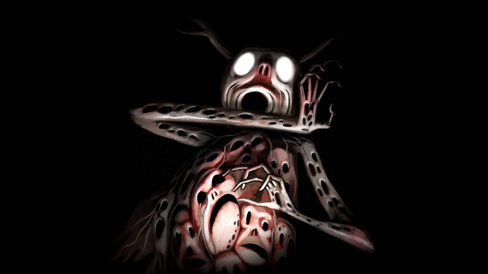 over the garden wall 桌布 壁紙 — 一個怪誕的恐怖生物，有著發光的白色眼睛和尖叫的嘴巴，從黑暗中浮現，背景為黑色。