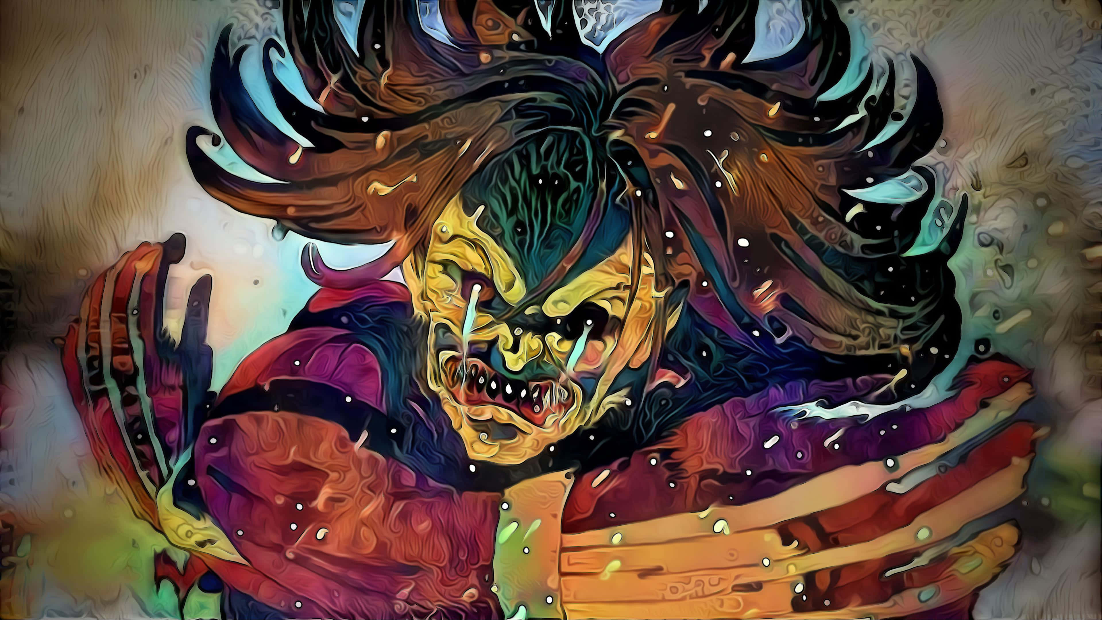 Jaw Titan 桌布 壁紙 — 一個怪誕的惡魔形象，有著狂野的頭髮和尖銳的牙齒，在鮮豔、旋轉的色彩中咆哮。