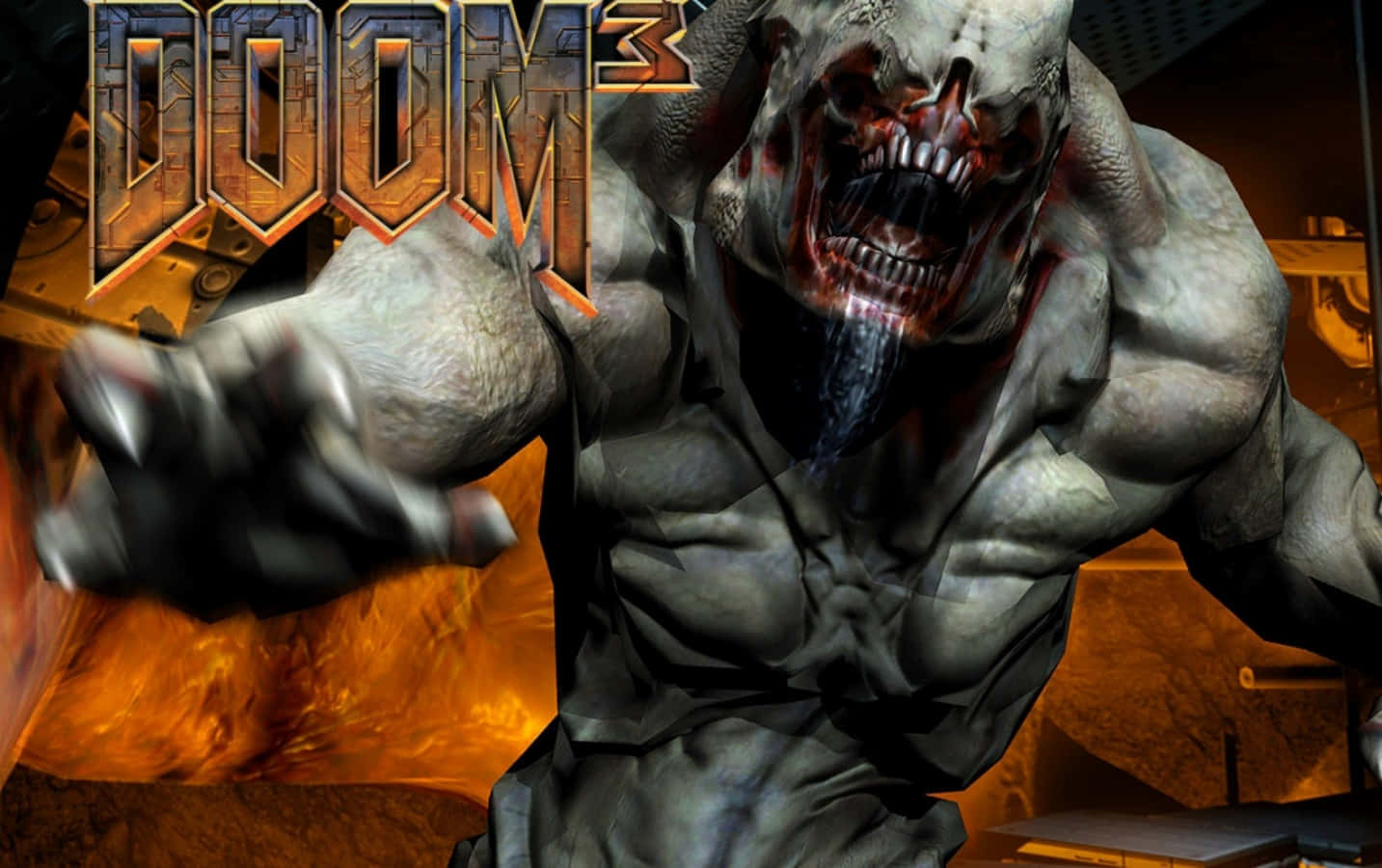 Doom 3 桌布 壁紙 — 一個怪誕的惡魔怪物，有著發光的紅色眼睛和鋒利的牙齒，在熾熱的地獄環境中向前猛撲。