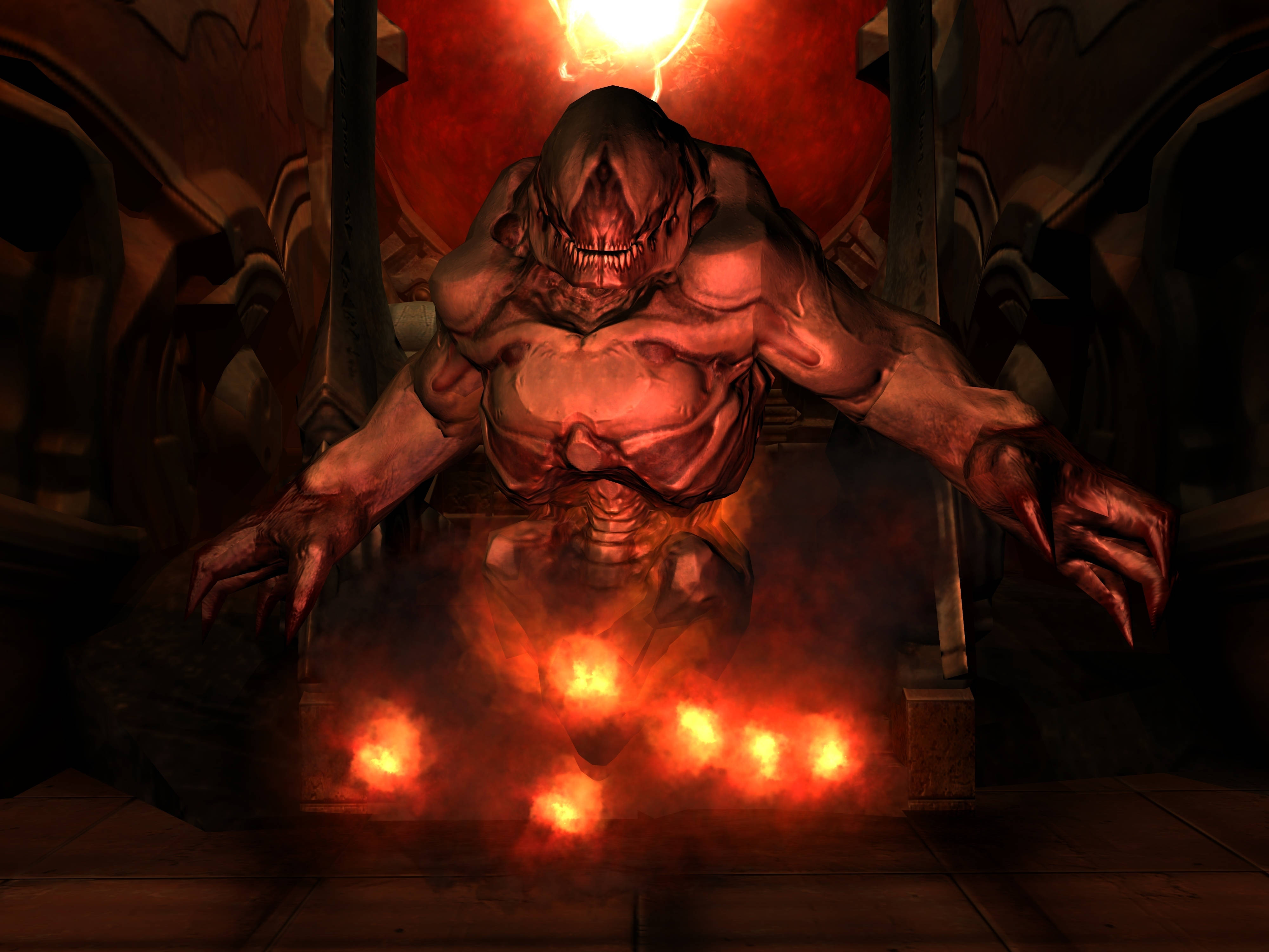 Doom 4K 桌布 壁紙 — 一個怪誕的惡魔生物，擁有發光的紅色眼睛和爪子，在黑暗的大教堂般的環境中威脅性地蹲伏在火球上。