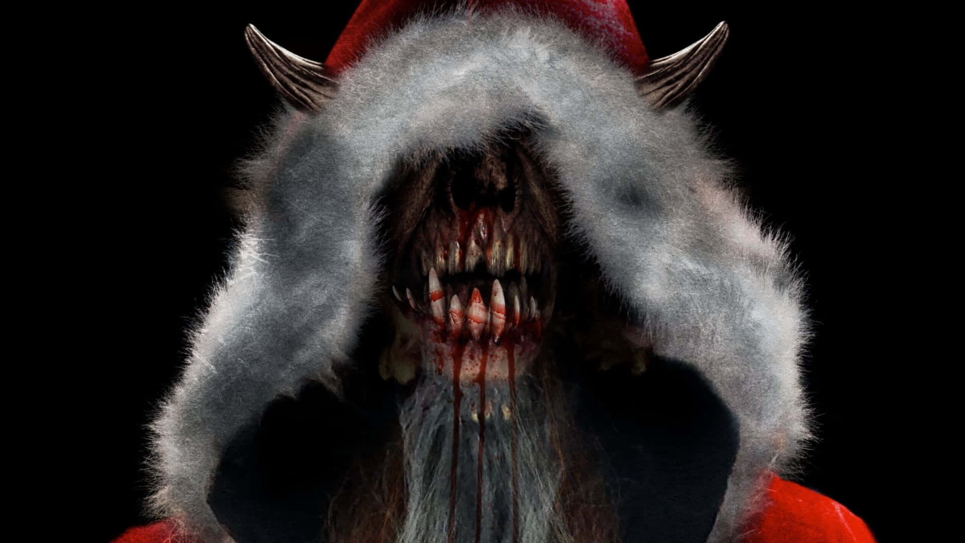 Krampus 桌布 壁紙 — 一個怪誕的惡魔聖誕老人，帶有血淋淋的尖牙和角，從黑暗虛空中出現。