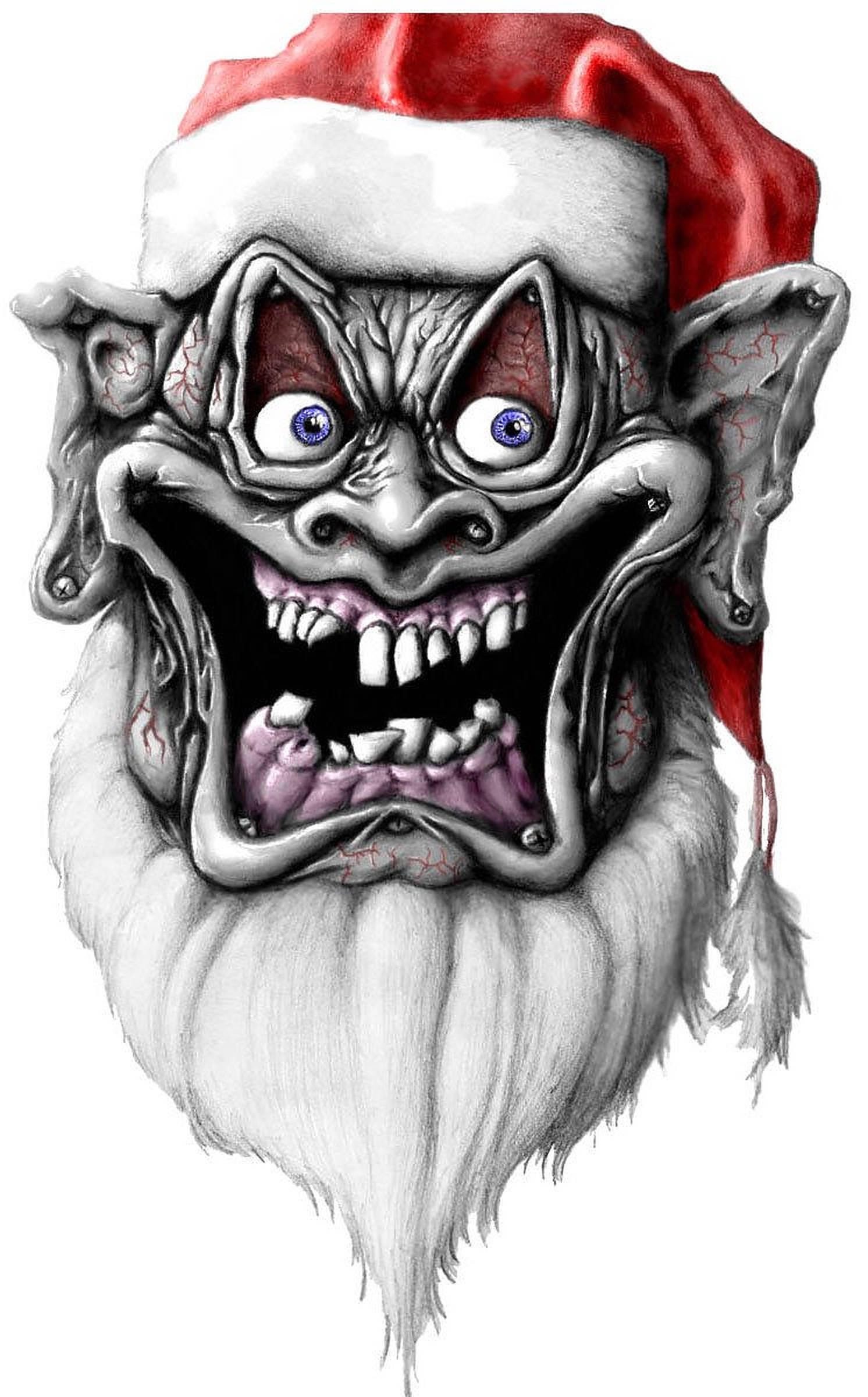 evil 桌布 壁紙 — 一個怪誕的惡魔聖誕老人，皮膚龜裂，牙齒鋒利，眼睛發出藍光，戴著紅帽子和白鬍子。