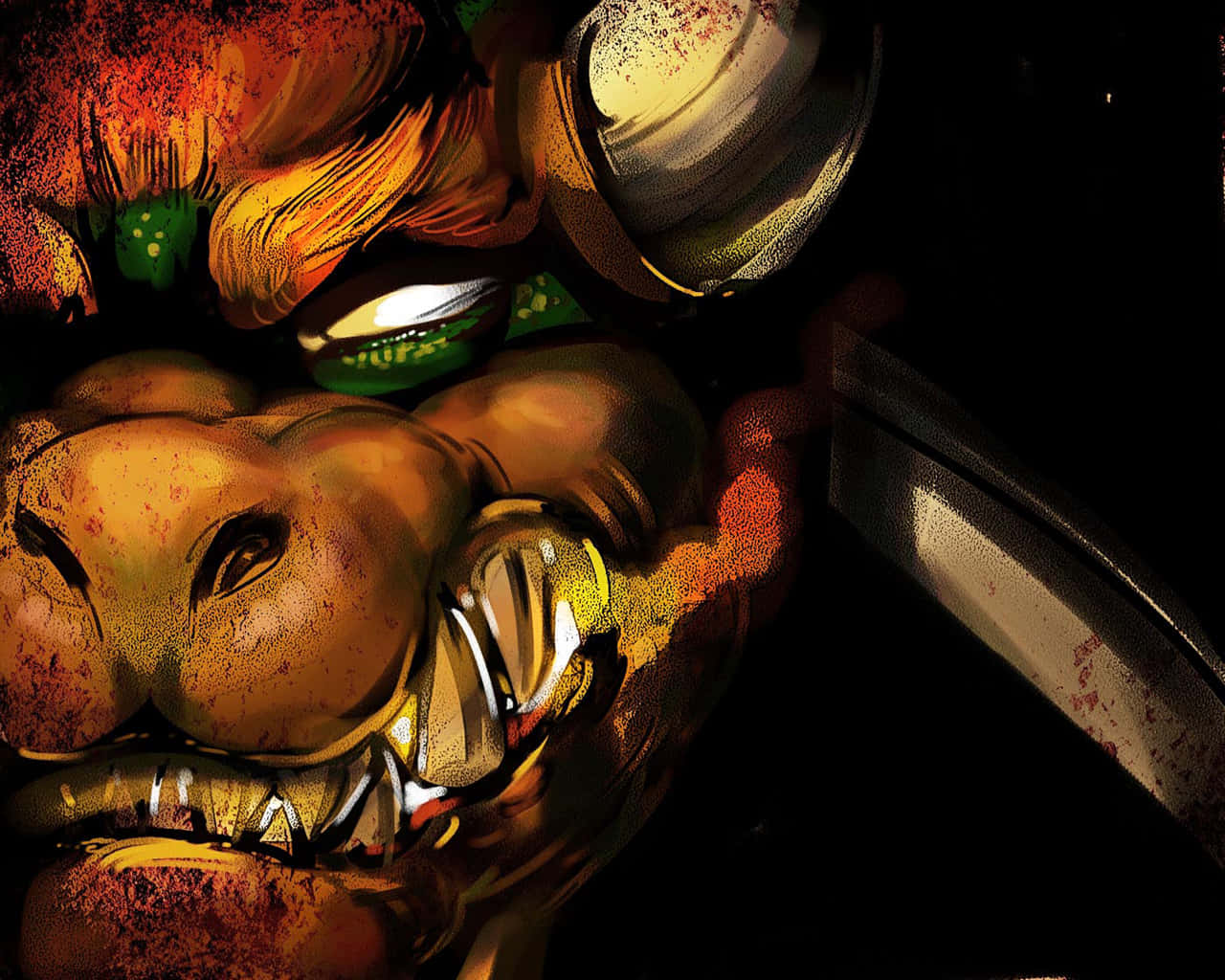 bowser 桌布 壁紙 — 一個怪誕的惡魔面孔，帶有發光的眼睛和鋒利的牙齒，從黑暗中浮現，被火熱的橙色和綠色色調照亮。