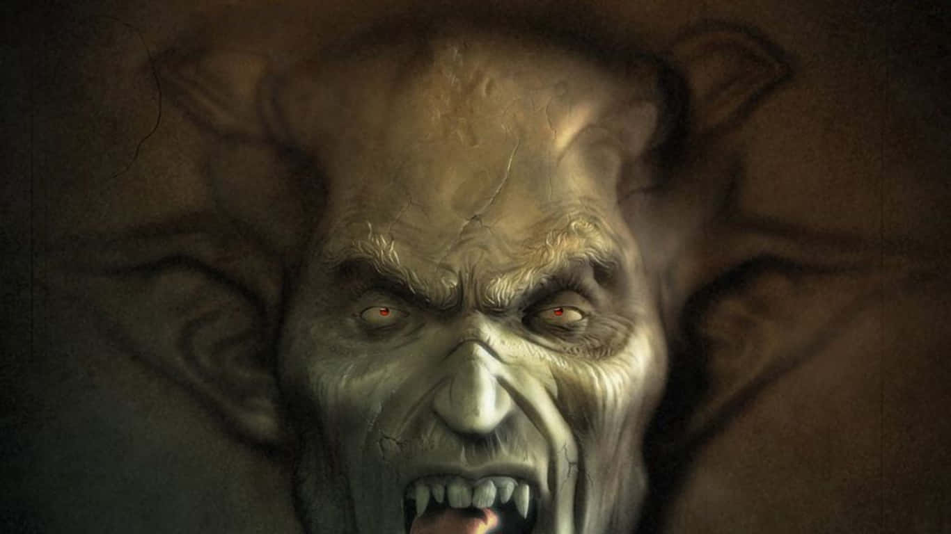 Dark Tales 桌布 壁紙 — 一個怪誕的惡魔面孔，帶有發光的紅色眼睛和鋒利的尖牙，從陰影黑暗中浮現的恐怖插圖。