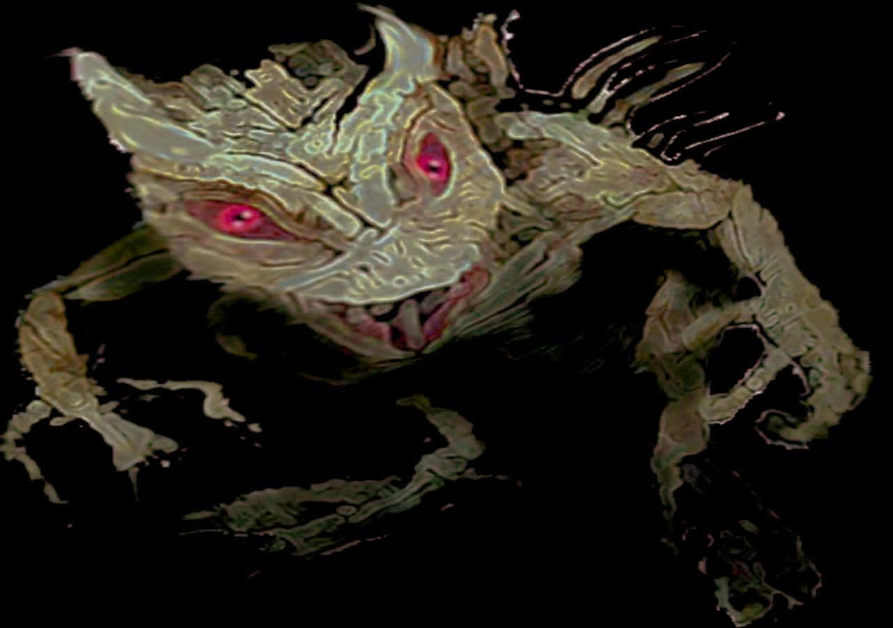 詭異的GIF 桌布 壁紙 — 一個怪誕的數位藝術怪物，有著發光的紅色眼睛和鋸齒狀的四肢，從黑暗中出現。