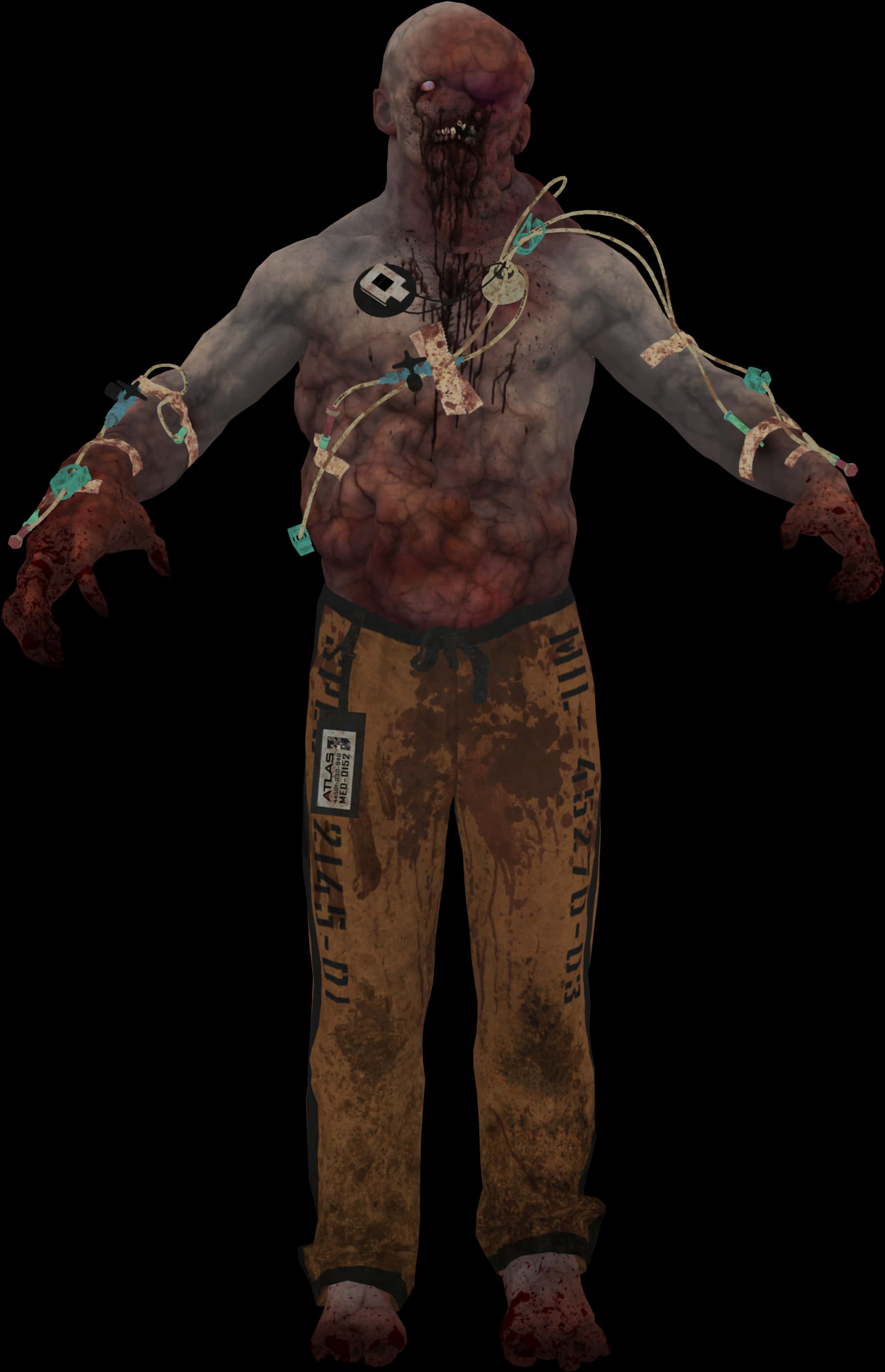 Undead 桌布 壁紙 — 一個怪誕的殭屍，暴露的肌肉和醫療管綁在其軀幹上，站在黑色背景前。