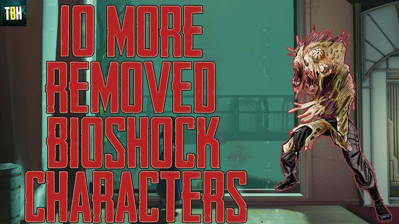 Bioshock Characters 桌布 壁紙 — 一個怪誕的殭屍般生物從黑暗城市環境的門口衝出，帶有粗體紅色文字疊加。