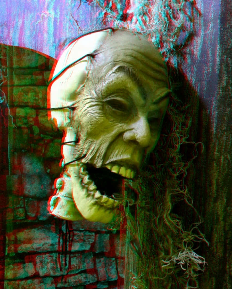 Scary Face 桌布 壁紙 — 一個怪誕的殭屍頭部，帶有縫合的傷口和腐爛的肉，在帶有故障效果的紅青立體影像效果下從磚牆中爆出。