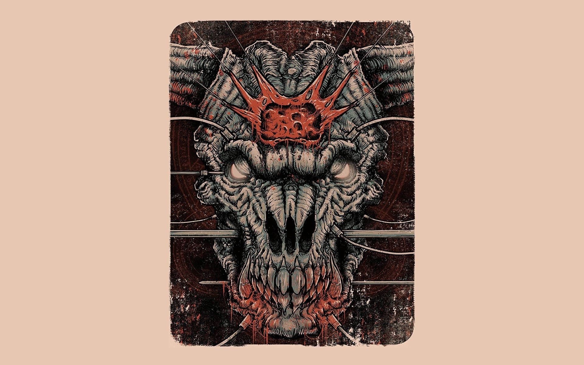 doom HD 桌布 壁紙 — 一個怪誕的生物機械怪物，頭戴尖刺紅色皇冠，牙齒滴著液體，從生鏽的金屬框架中威脅地凝視。
