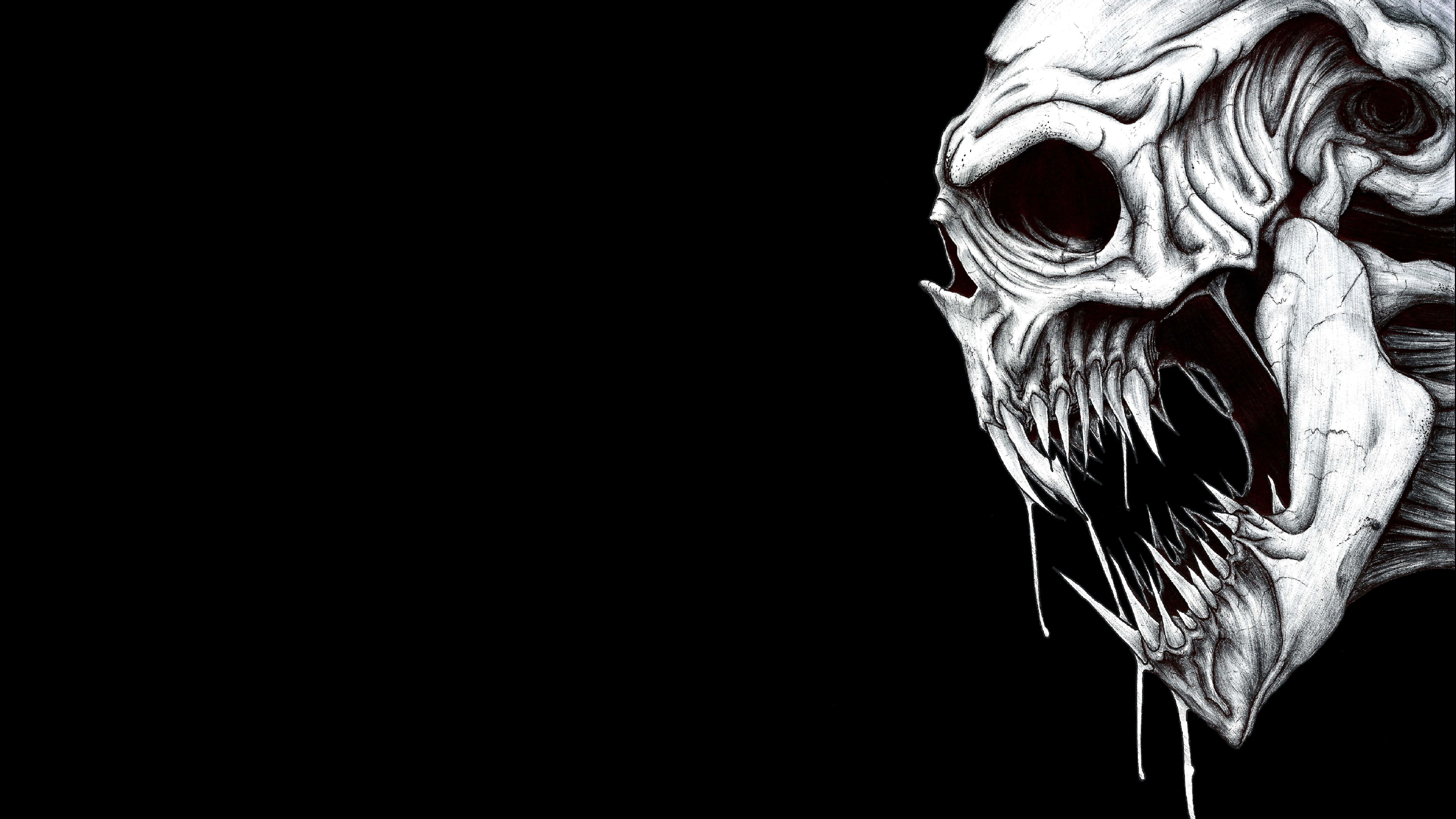 skulls 桌布 壁紙 — 一個怪誕的白色骷髏臉，帶有鋒利的牙齒和滴落的物質，從純黑的黑暗中浮現。