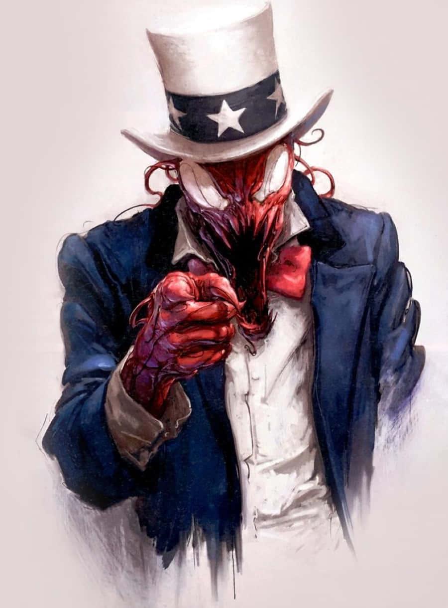 Carnage USA 桌布 壁紙 — 一個怪誕的紅皮膚人物，戴著愛國高帽和西裝，在純色背景前握著血淋淋的拳頭。