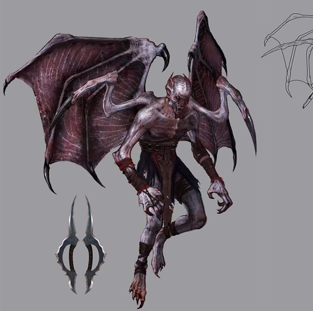 Vampire Lord 桌布 壁紙 — 一個怪誕的蝙蝠狀惡魔，擁有皮革般的翅膀和鋒利的爪子，威脅性地站在一對彎曲的刀刃旁邊。