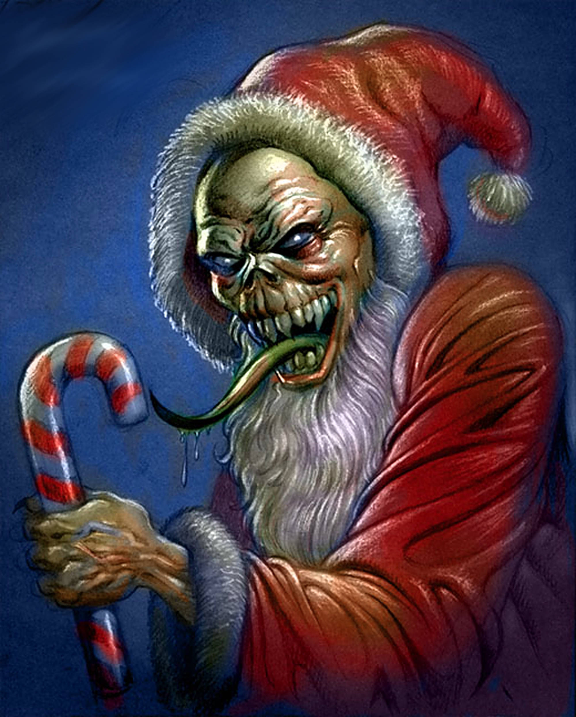 evil 桌布 壁紙 — 一個怪誕的骷髏聖誕老人，長長的綠色舌頭和拐杖糖，背景是深藍色。