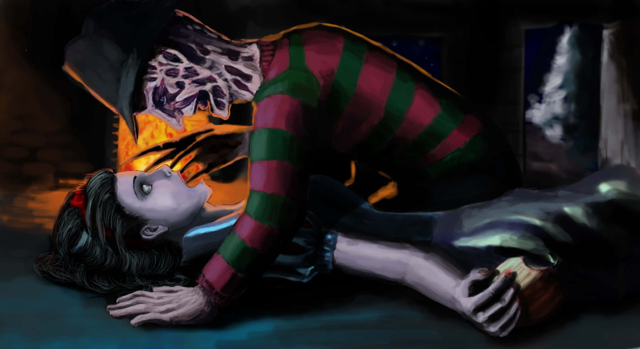 Freddy Krueger 桌布 壁紙 — 一個恐怖場景，一個穿著條紋毛衣的骷髏身影籠罩著躺在地板上的一個蒼白女人。