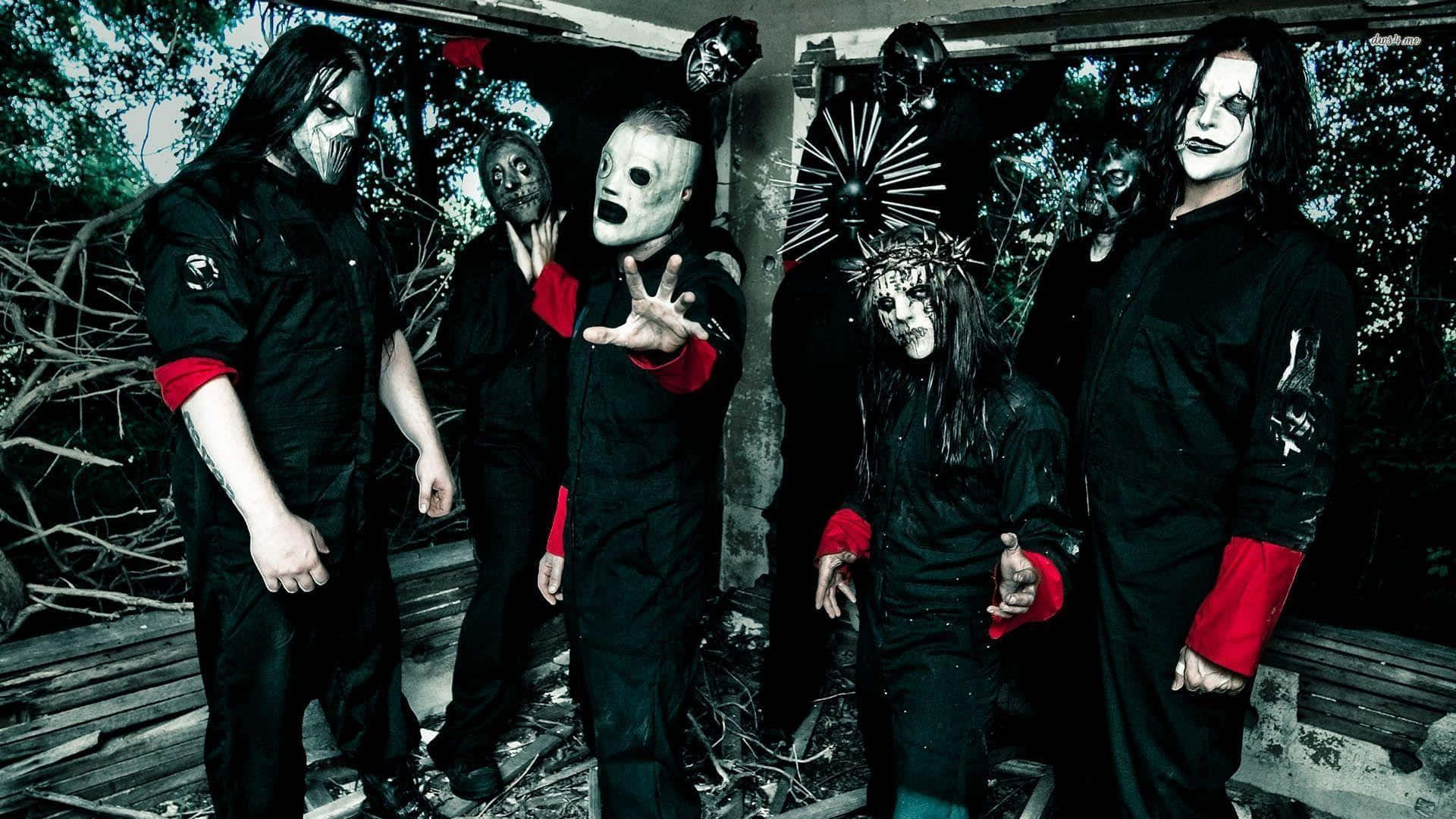 Slipknot 桌布 壁紙 — 一個恐怖樂團穿著黑色服裝，搭配紅色點綴和怪誕面具，在破舊的戶外廢墟中擺出威脅姿勢。