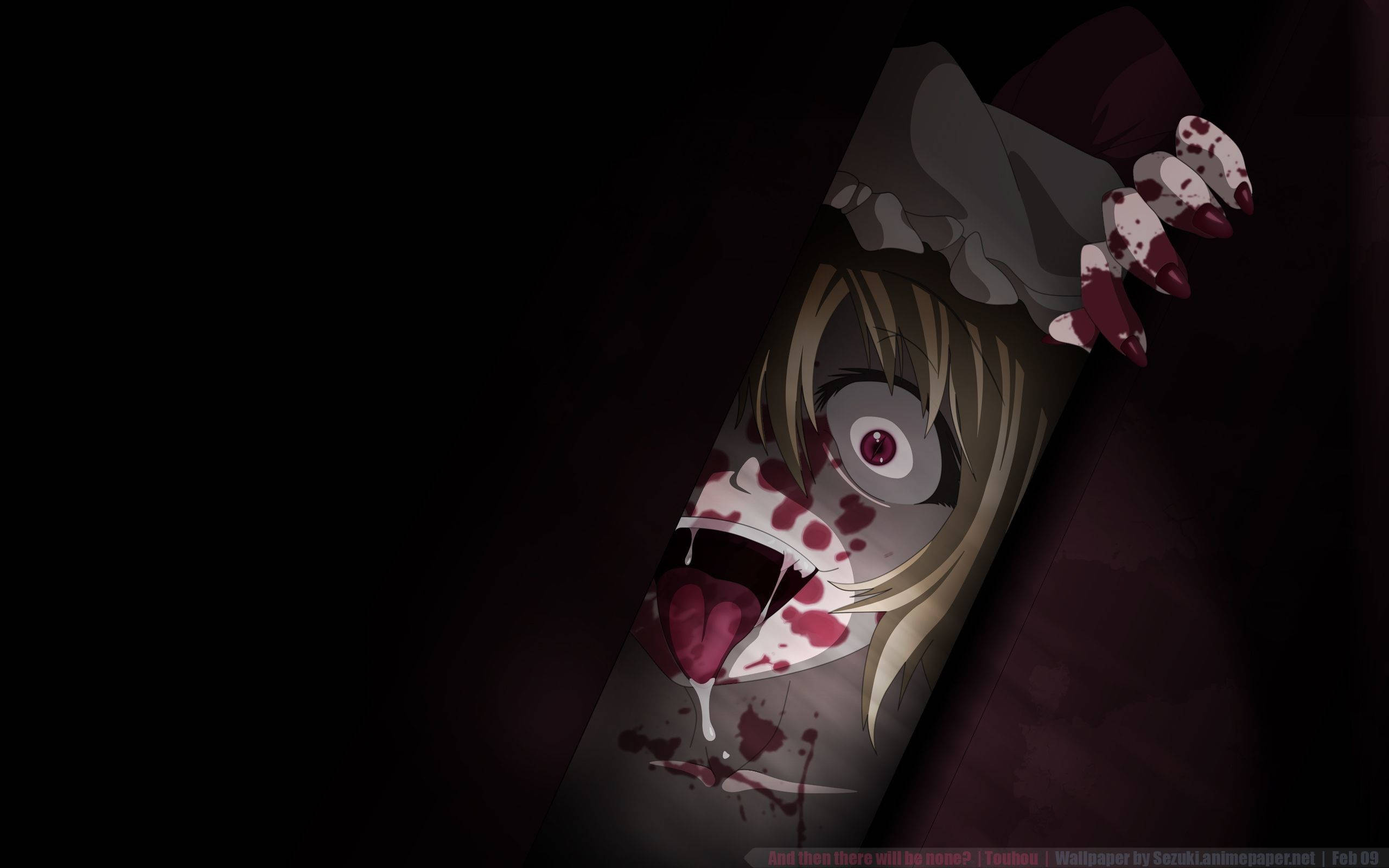 Scary Anime Boy 桌布 壁紙 — 一個恐怖的動漫角色，滿臉鮮血，指甲尖銳，從黑暗陰森的背景下出現。