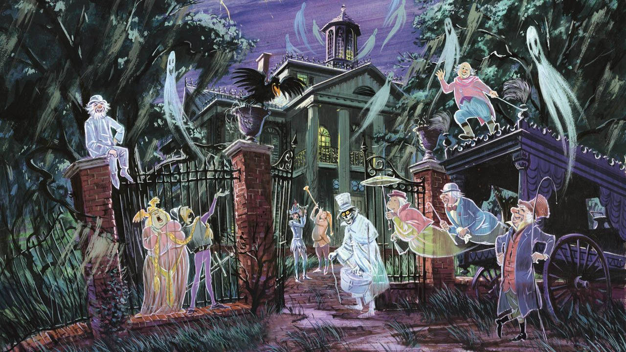 haunted 桌布 壁紙 — 一個恐怖的動畫場景顯示鬼魂和骷髏在夜間在一座鬼屋外跳舞。