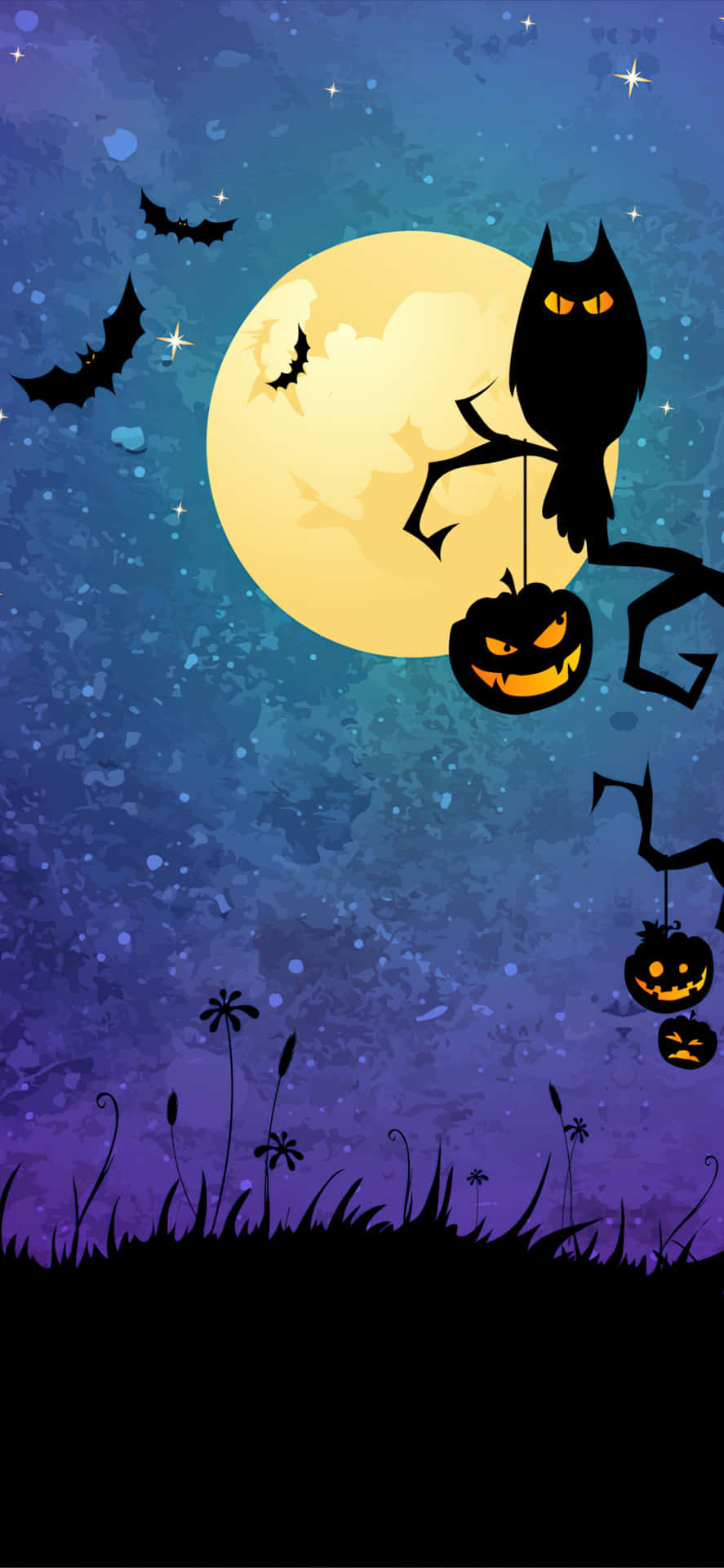 iPhone Halloween 桌布 壁紙 — 一個恐怖的萬聖節夜晚，一隻黑貓棲息在樹枝上，在明亮的滿月下拿著南瓜燈。