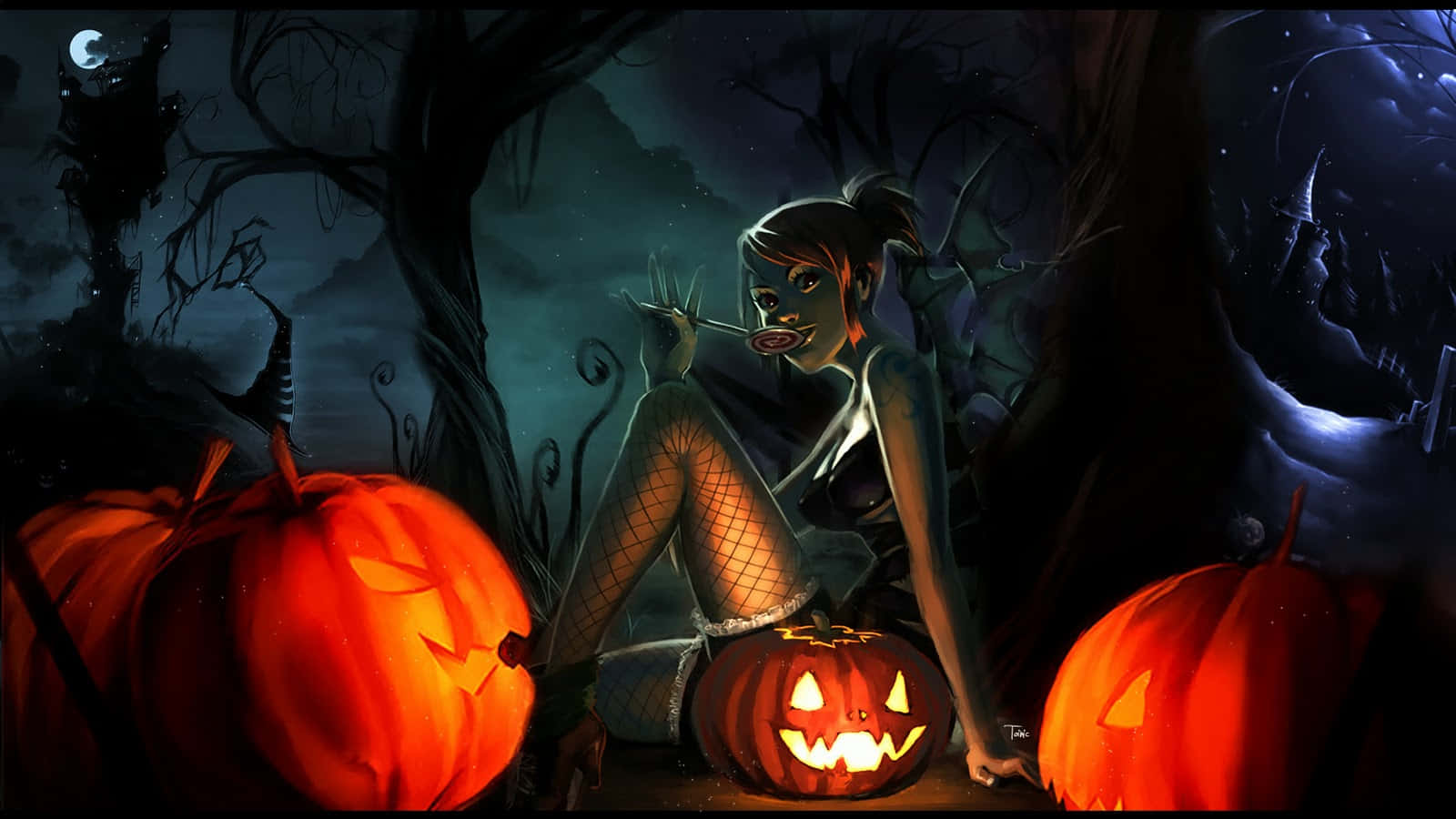 3d Halloween 桌布 壁紙 — 一個恐怖的萬聖節女巫在黑暗森林中的月光下樹下坐著，周圍有發光的南瓜燈。