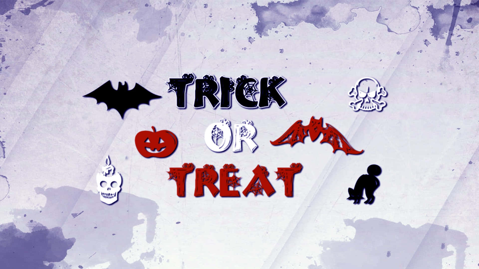 Trick Or Treat 桌布 壁紙 — 一個恐怖的萬聖節桌布，上面有「TRICK OR TREAT」文字，周圍環繞著蝙蝠、骷髏頭和一個兒童剪影，背景為帶紋理的紫色。