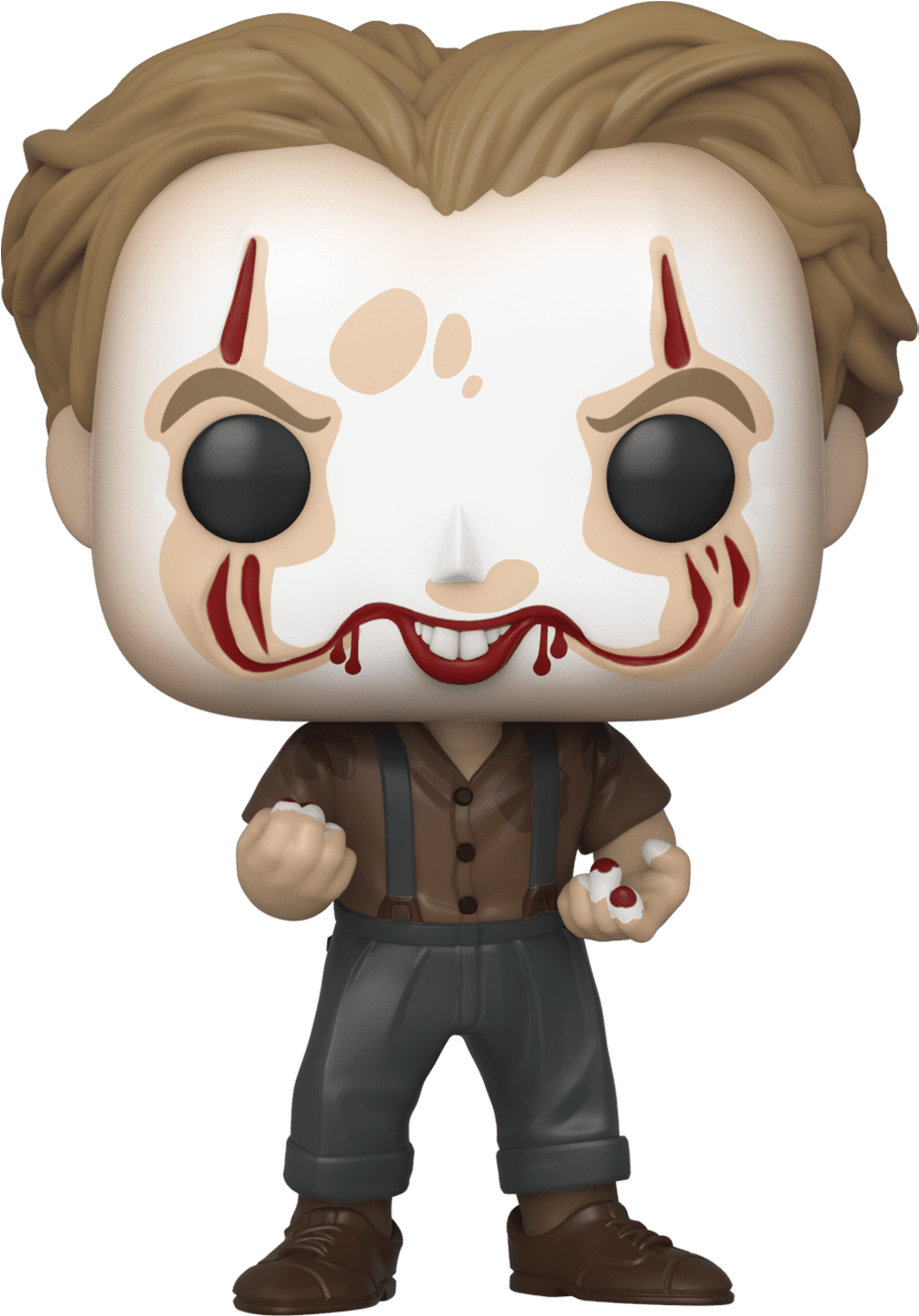 小丑潘尼懷斯 桌布 壁紙 — 一個恐怖角色的 Funko Pop! 乙烯基公仔，白色臉孔上有紅色疤痕，血從嘴巴和眼睛滴下，穿著棕色襯衫、吊帶和灰色褲子。