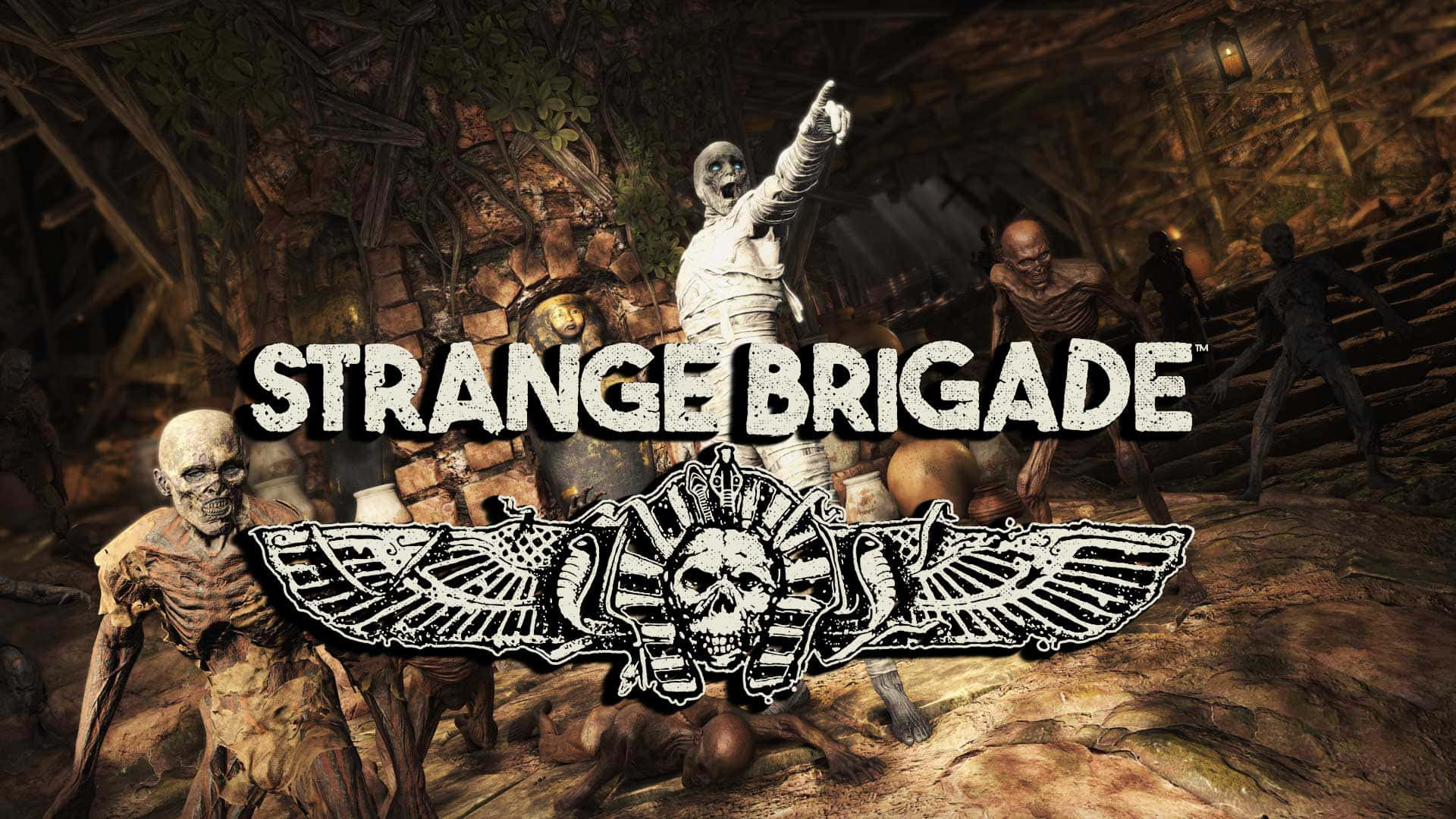 1920x1080 Strange Brigade 桌布 壁紙 — 一個恐怖遊戲標題畫面，描繪了在搖搖欲墜的廢墟中出現的不死木乃伊和殭屍，並帶有骷髏標誌。