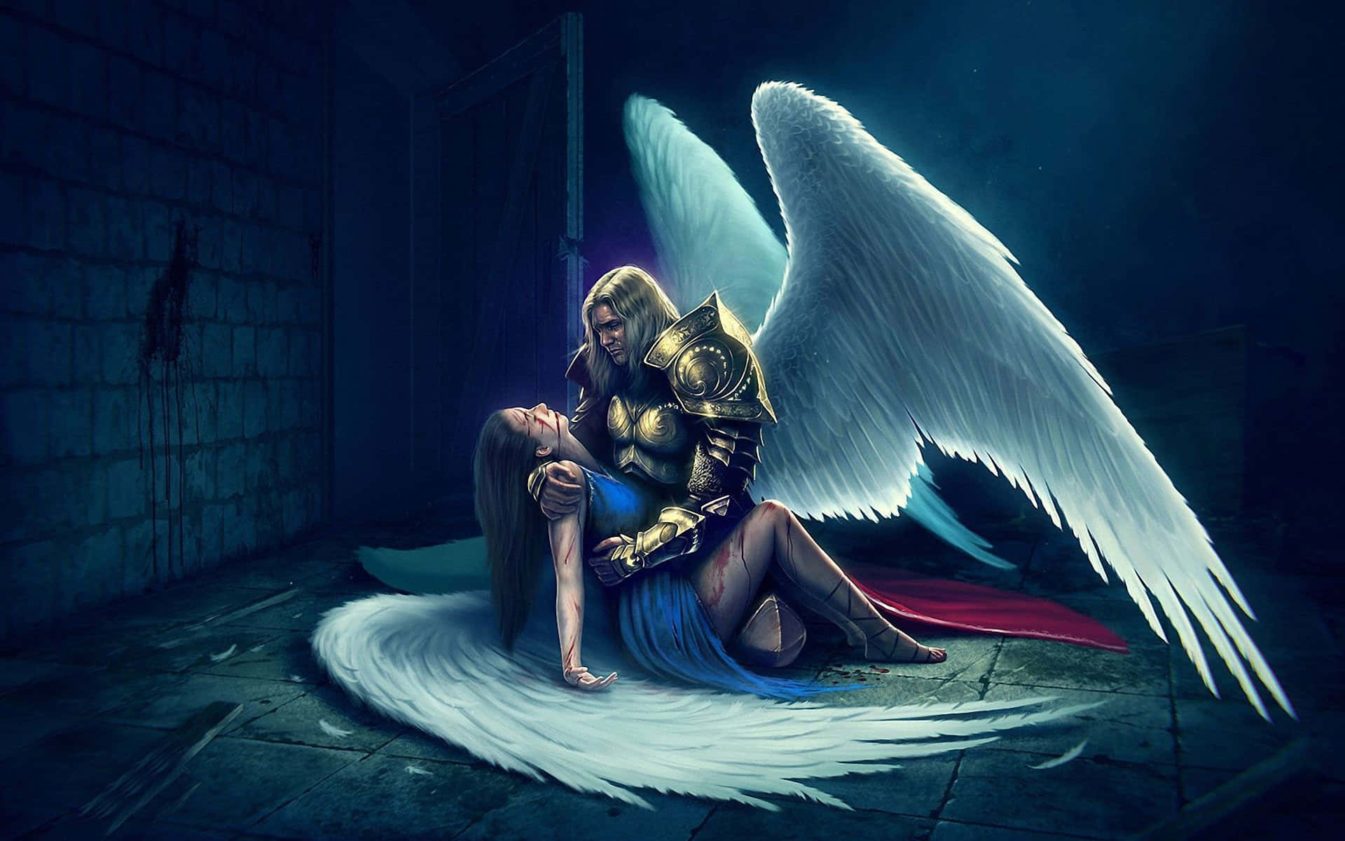 Angelic 桌布 壁紙 — 一個悲傷的、身穿盔甲、擁有白色翅膀的天使，在昏暗的石室中懷抱著一位受傷的女子。