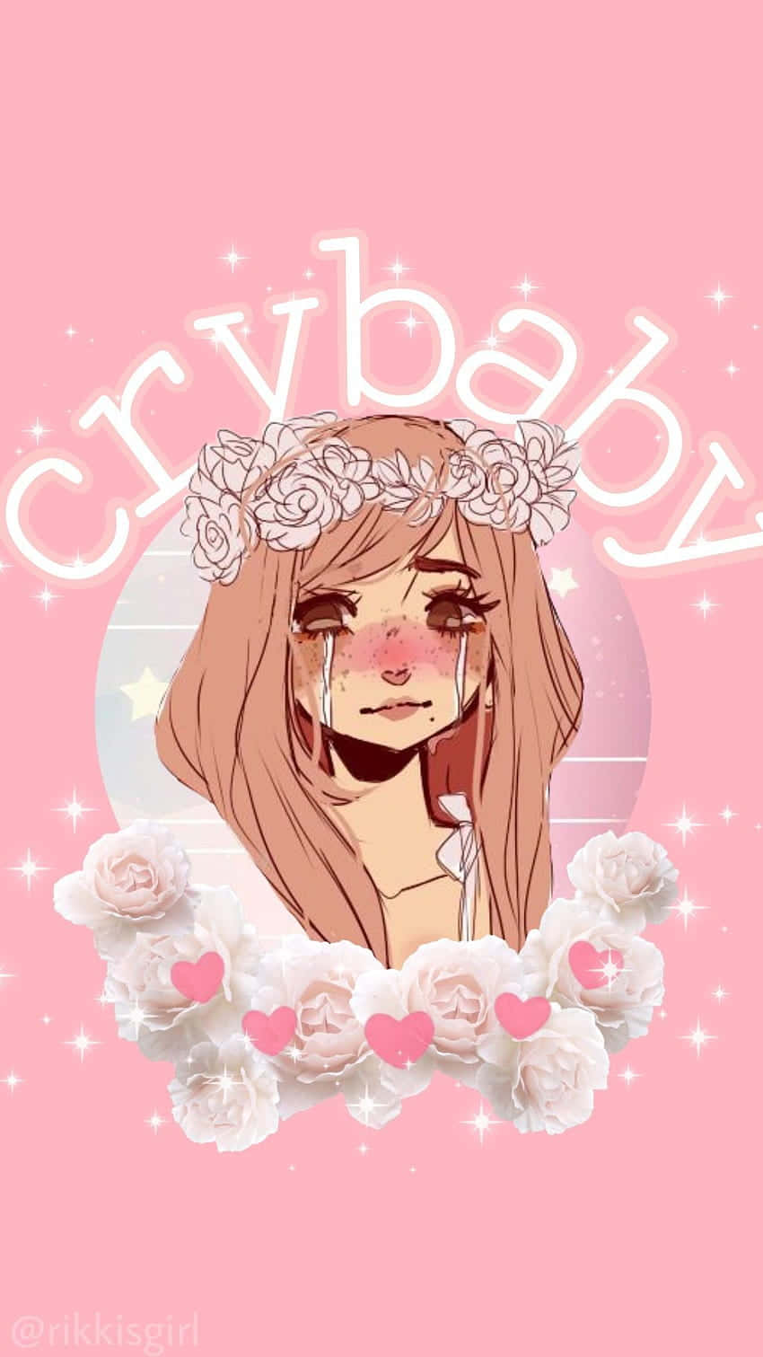 Pastel Pink Aesthetic Anime 桌布 壁紙 — 一個悲傷的動漫女孩，流著眼淚，戴著玫瑰冠冕，被白玫瑰和粉紅愛心包圍，背景是閃閃發光的粉紅色。